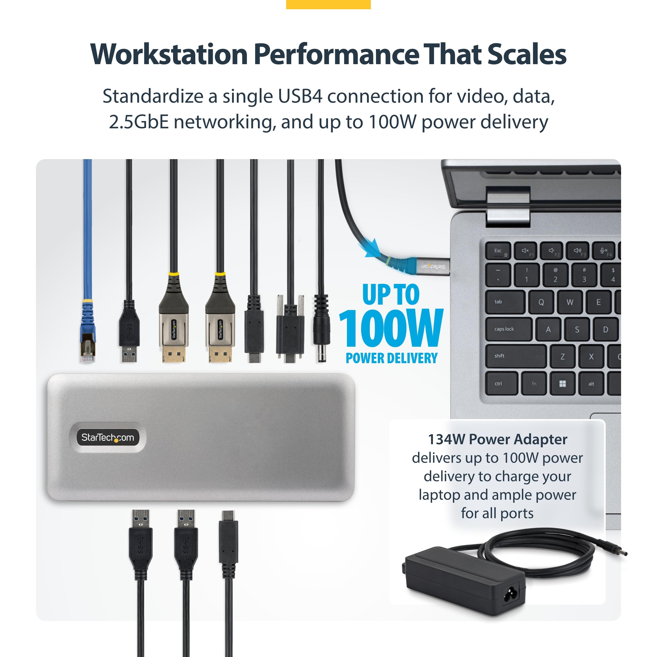 StarTech Stacja dokująca USB4, podwójna stacja dokująca 4K bez sterownika do macOS i Windows, uniwersalna stacja dokująca USB-C z ładowaniem laptopa 100 W i 2,5 GbE