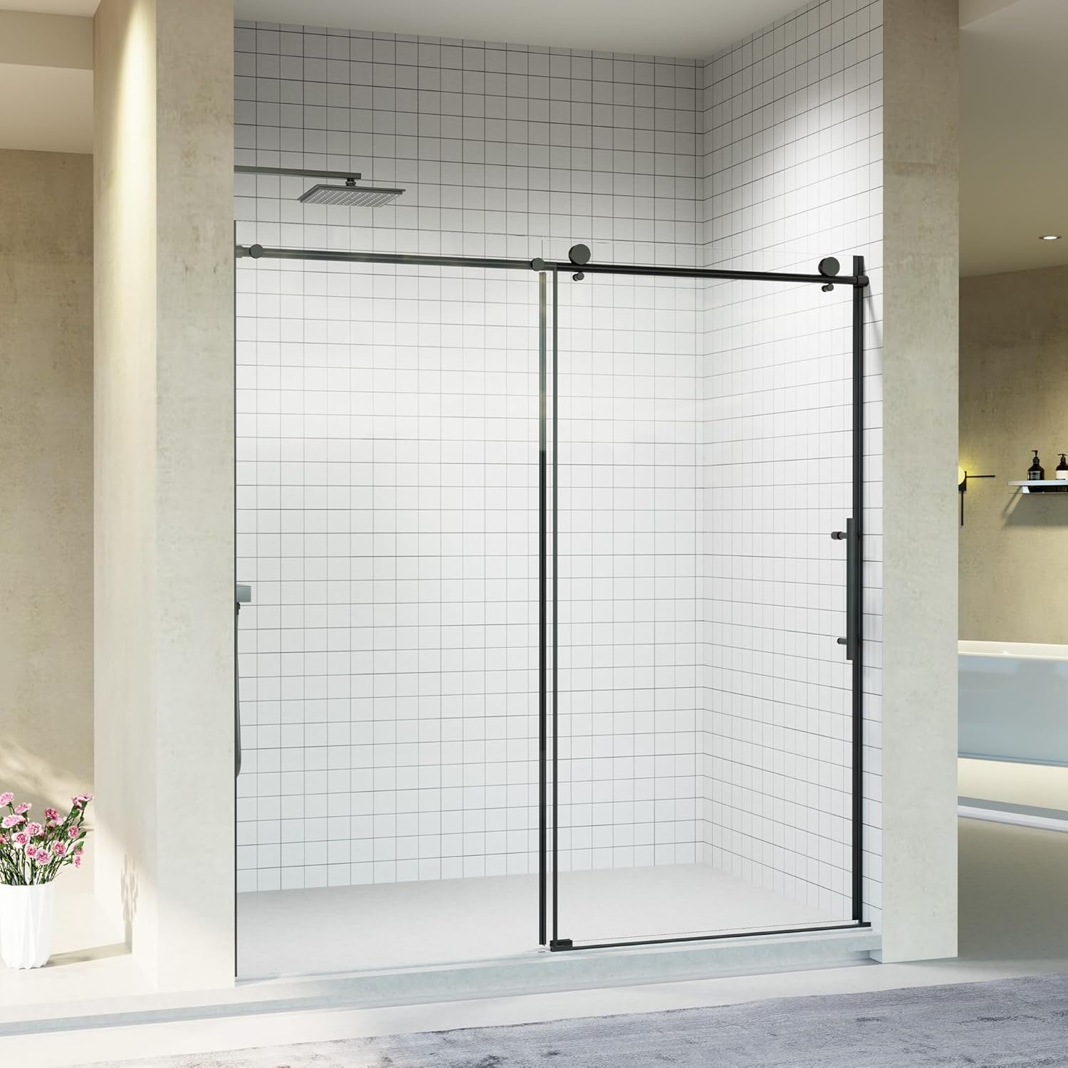 Frameless Sliding Shower Door 72” W x 76” H, 3/8” Tempered Glass, Single Bypass Shower Enclosure with Reversible Door, Quiet Rollers, Anti-Jump Safety System,Matte Black Stainless Steel