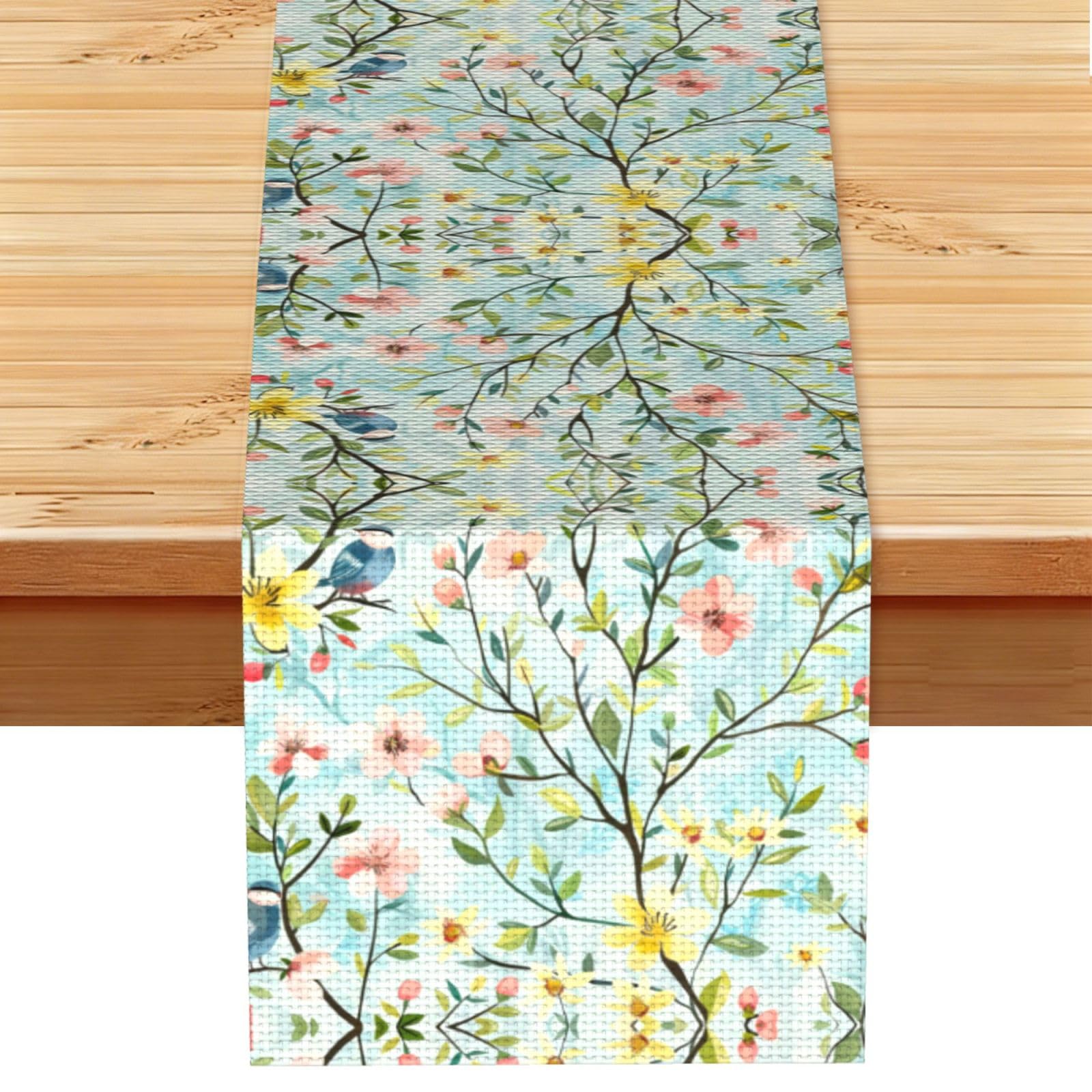 Fresh Pink Green Bird Sprigs Printed Table Runner 13 x 72, Wrinkle Resistant Decor for Dining Table Coffee Table Fireplace
