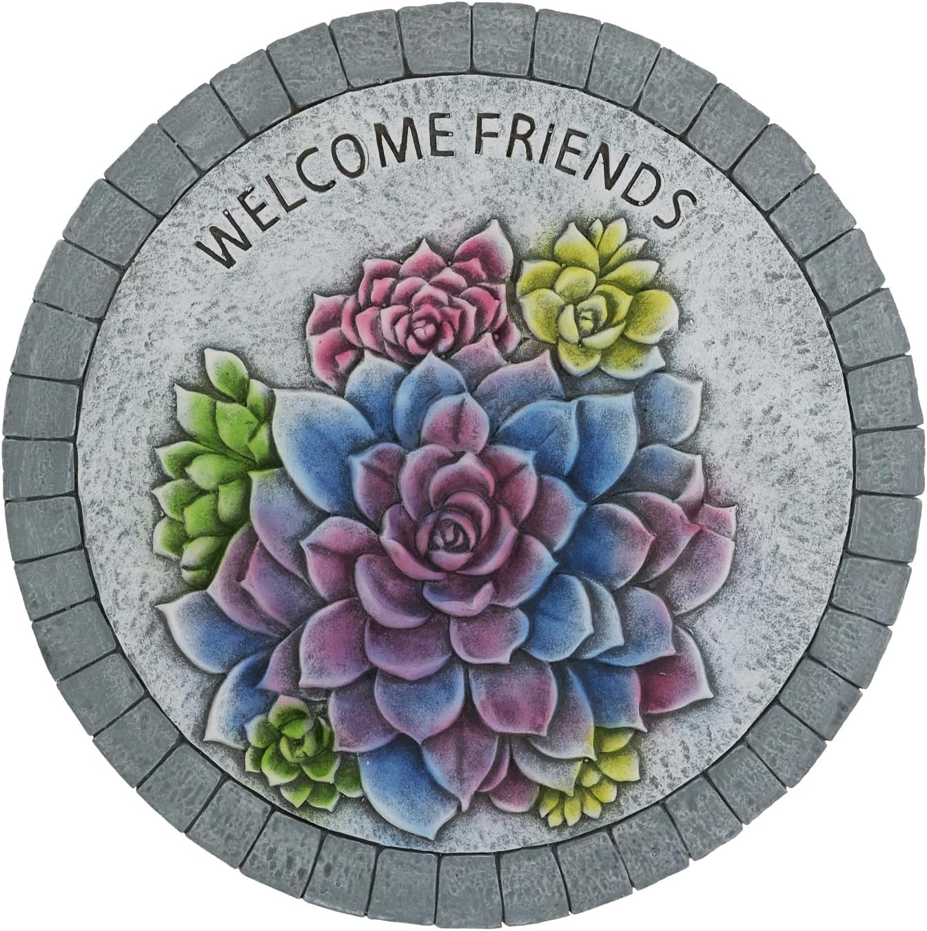 Landoraloria Cement Garden Stepping Stones Outdoor 10” Round Welcome Path Stones with Succulent Design, Outdoor Yard & Patio Decor Hand-Painted Cactus Welcome Sign