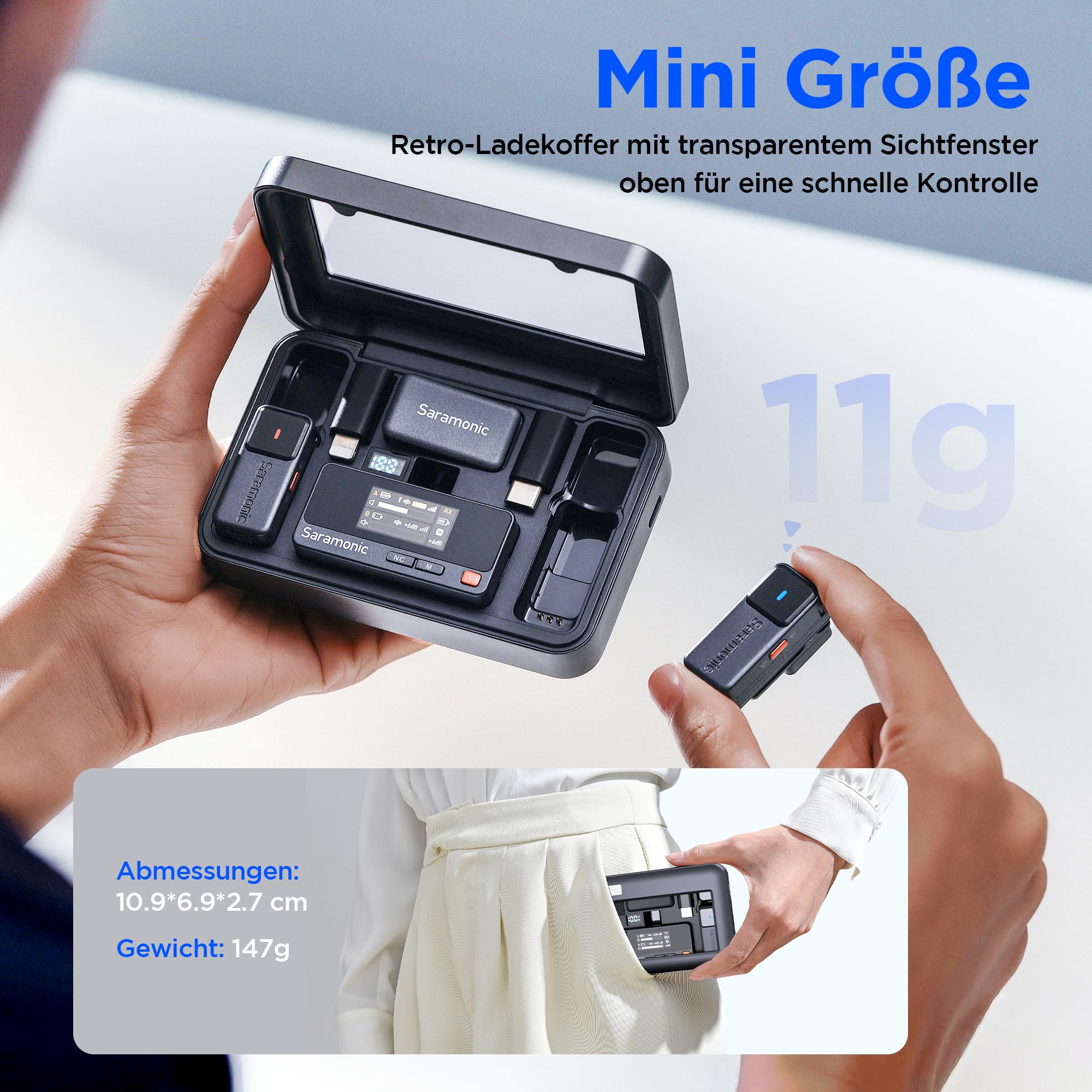 Saramonic Air Wireless Lavalier Mikrofon – Tragbare Ladecase, Ø9,7 mm Mini-Ansteckmikrofon mit 48 kHz/24 Bit, 90 dB SNR für iPhone 15/16 Serie, für Vlog, TikTok