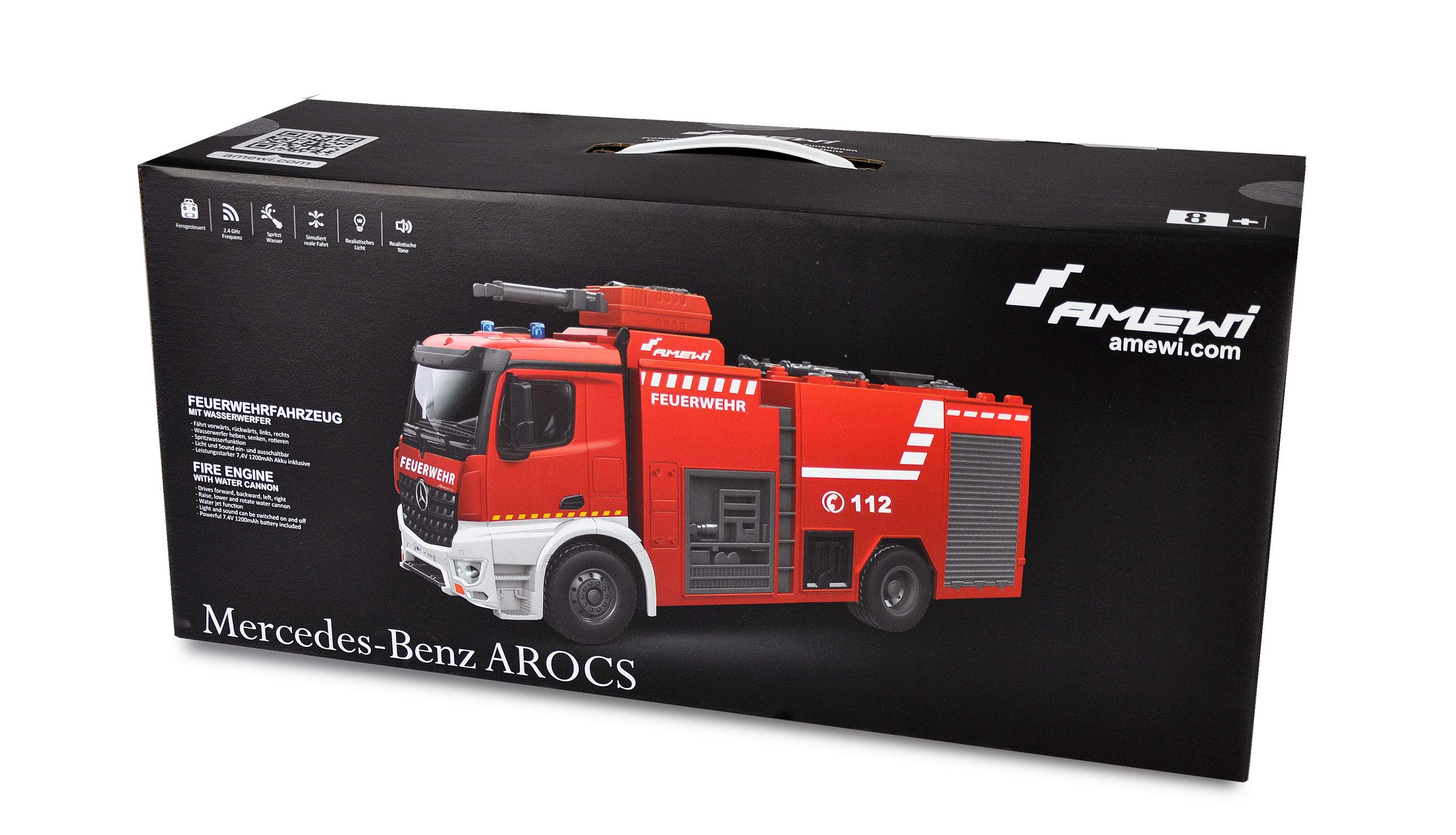 Amewi 22503 Mercedes Benz pojazd strażacki – licencjonowany pojazd 1:18 RC model ciężarówki 100% RtR w zestawie, czerwony