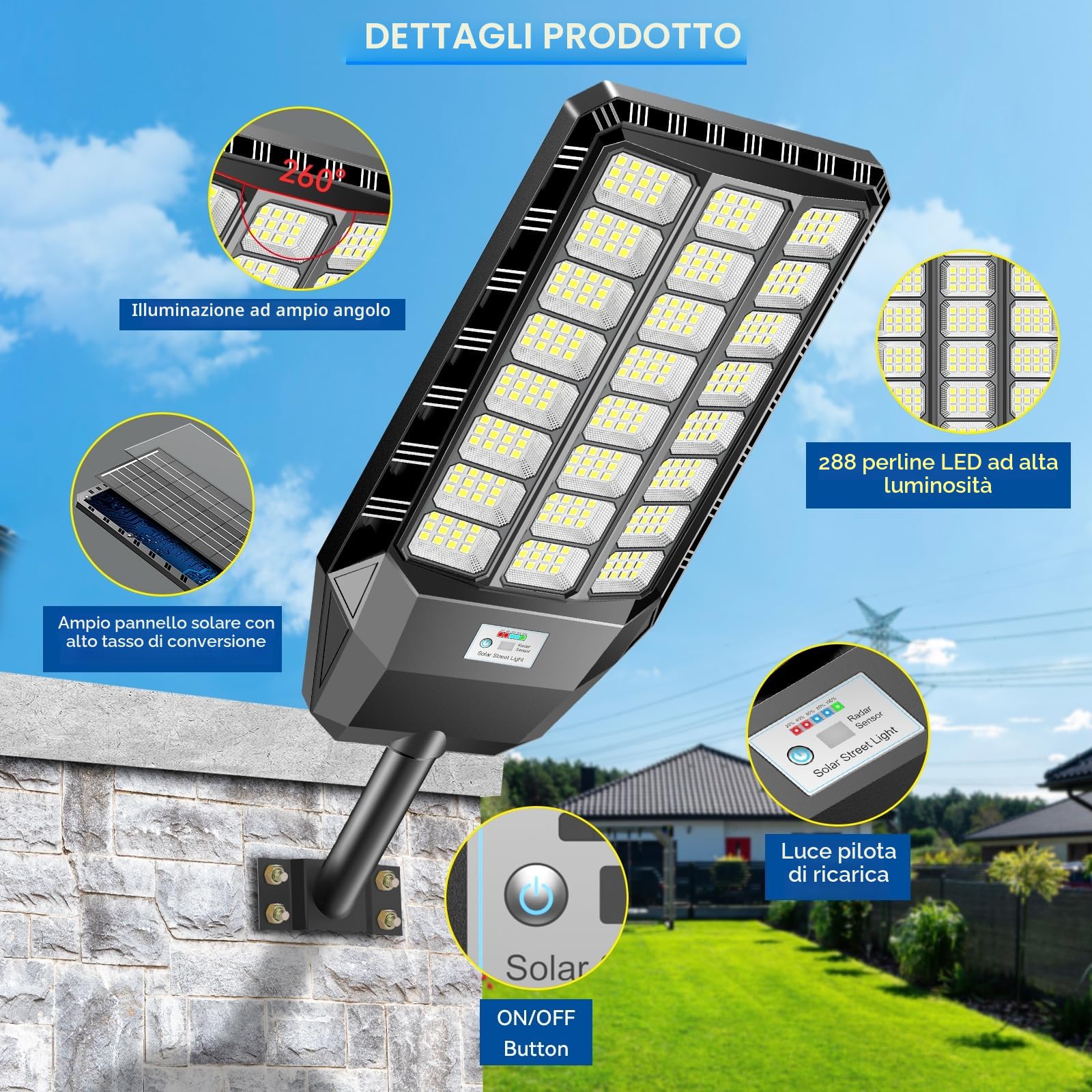 Adewalk 2000W Lampione Solare Led Esterno con Telecomando, IP66 Impermeabile Lampada Stradale Solare con Sensore di Movimento, 6500K Super Bright Lampioni da Giardino Esterno Solari per Garage Strada