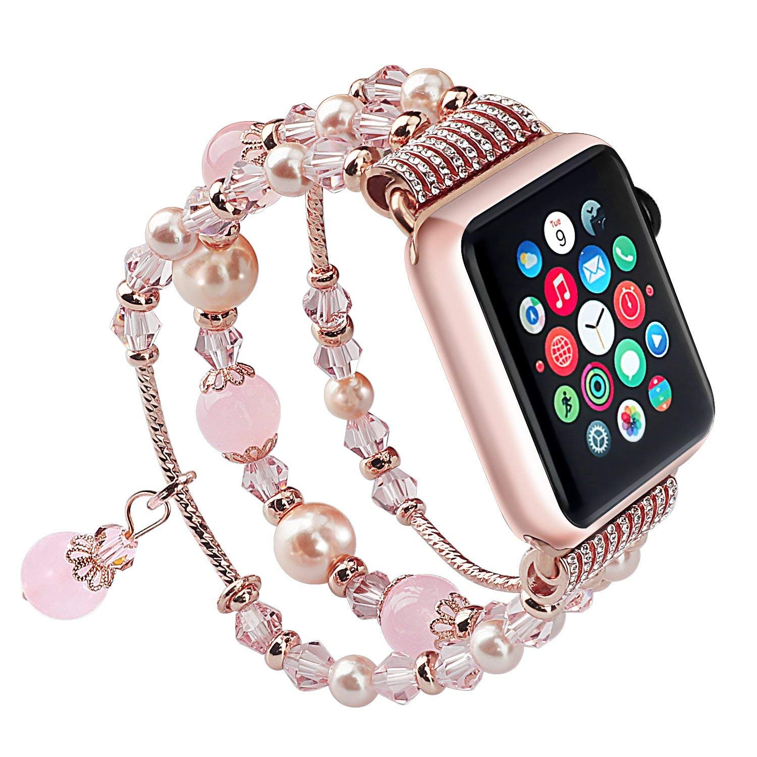 SEANADO Compatible iWatch Band 42mm 44mm, Fashion Handmade Elastic Stretch Faux Pearl Bracelet Replacement Women Girls iWatch Bands Strap for iWatch Series 4/3/2/1 (42mm Rose Gold)