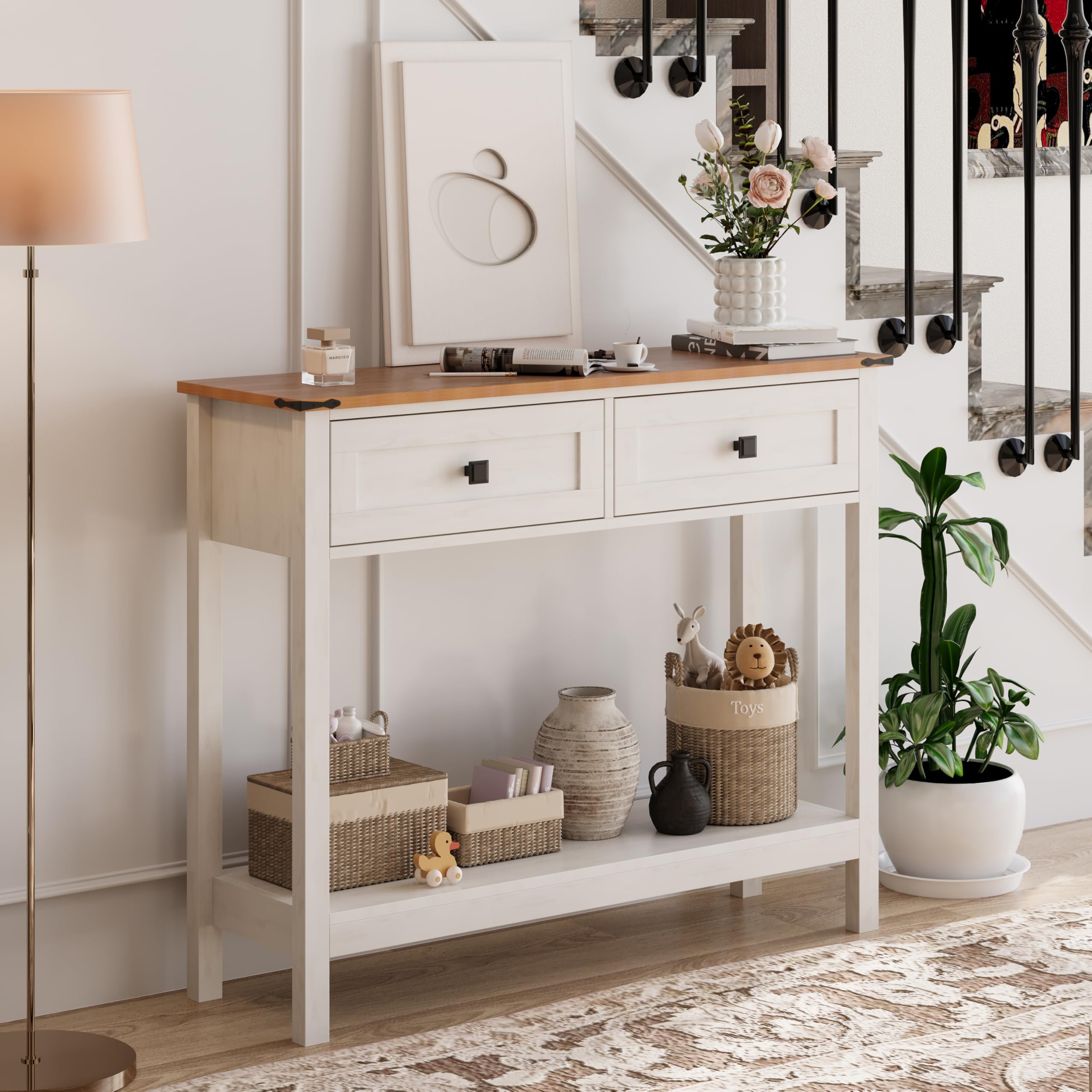 Trironsun - Tavolo consolle rustico con 2 cassetti per corridoio, tavolo da divano rustico con ripiano aperto, corridoio in legno per camera da letto e soggiorno (bianco antico)