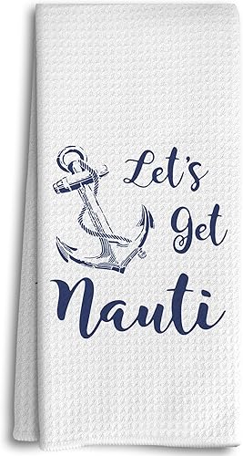 Let's Get Nauti - Paño de cocina con cuerda de ancla náutica azul marino de 16 x 24 pulgadas, letrero decorativo absorbente de ancla oceánica,