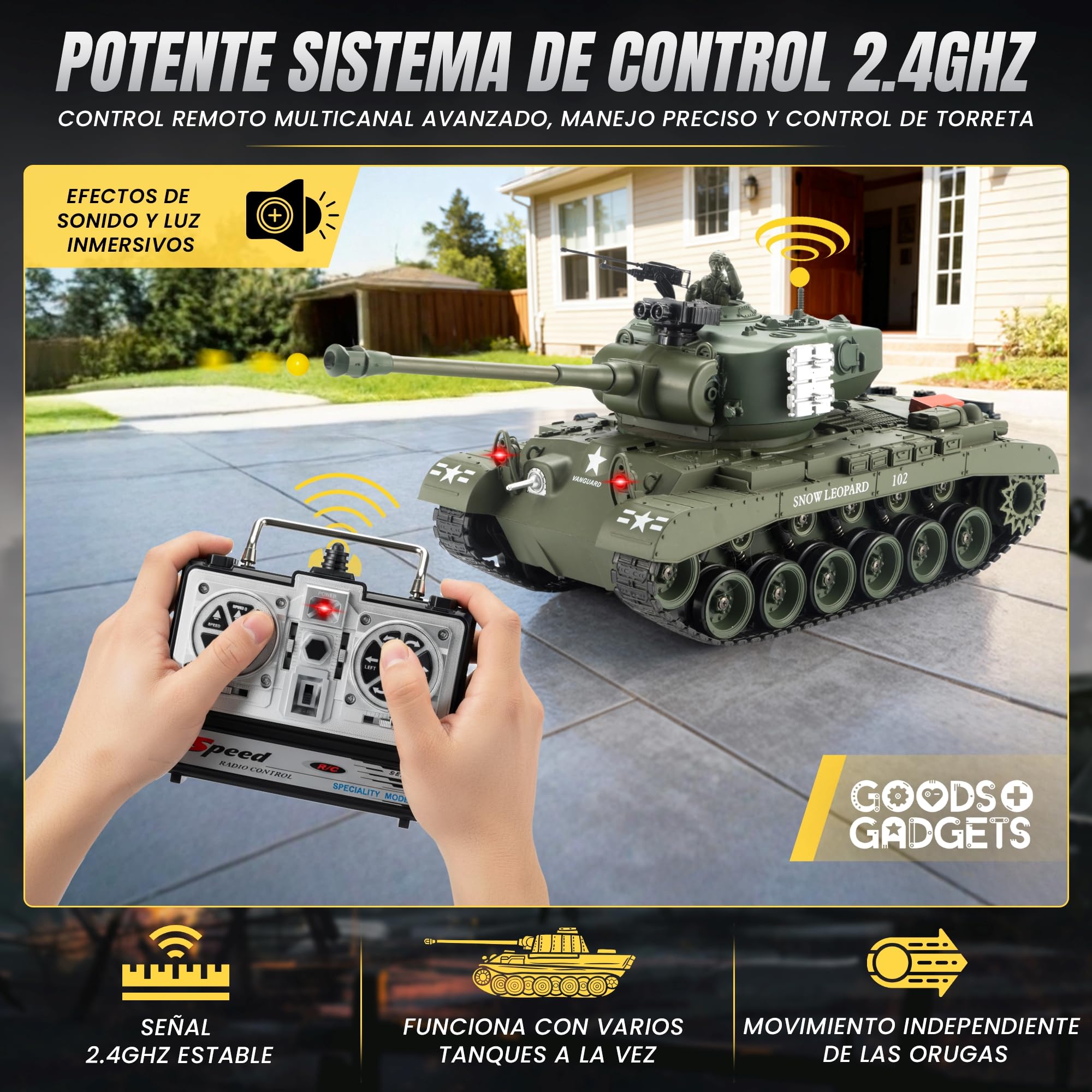 GOODS+GADGETS Tanque RC Alemán Tiger I 2.4GHz R/C Modelo a Escala 1:16 con función de Disparo, Sonido - RTR (Pershing Snow Leopard)