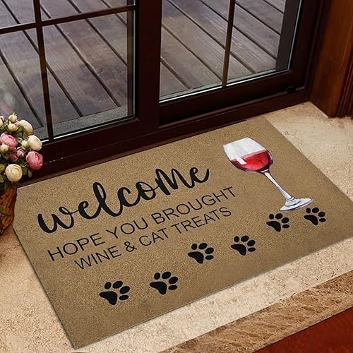 Miniatura 4 de MIAOMANSENSTORE Felpudo para interiores, con texto en inglés "Welcome Hope You Brought Wine and Cat Treats Gift for Cat Lover Welcome Doormat Home