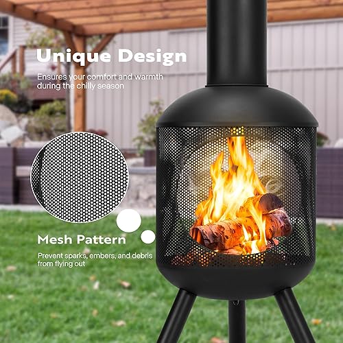 Miniatura 5 de VIVOHOME Chiminea de 46 pulgadas para exteriores, hoguera de madera de acero laminado en frío con diseño de malla, cubierta superior de chimenea y