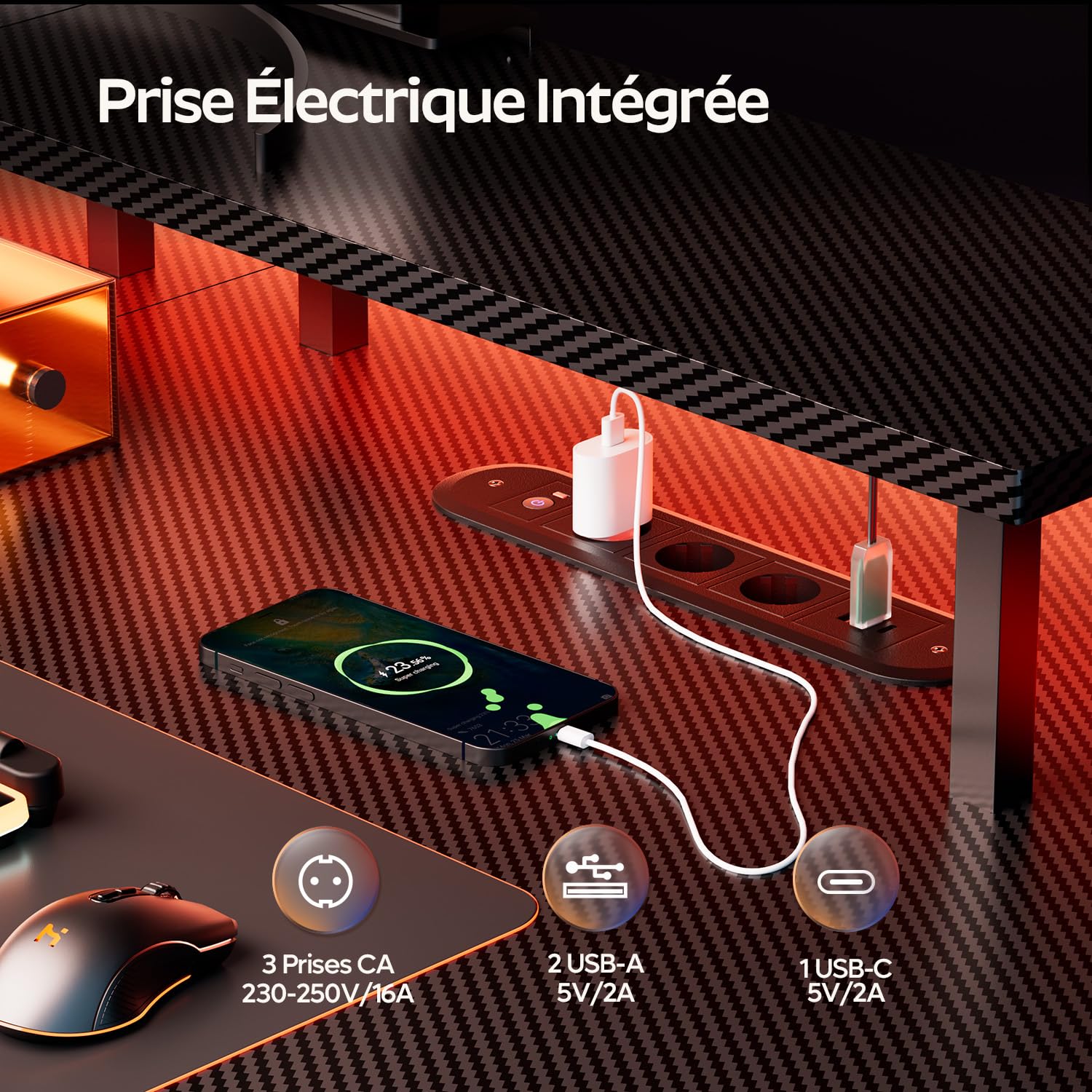 HLFURNIEU Bureau Gaming LED, Bureau Gamer avec Prise Intégrée & Port USB, 140 x 60 cm Table Gamer Ergonomique avec Support de Moniteur, Porte Gobelet, Crochet pour Casque, Noir