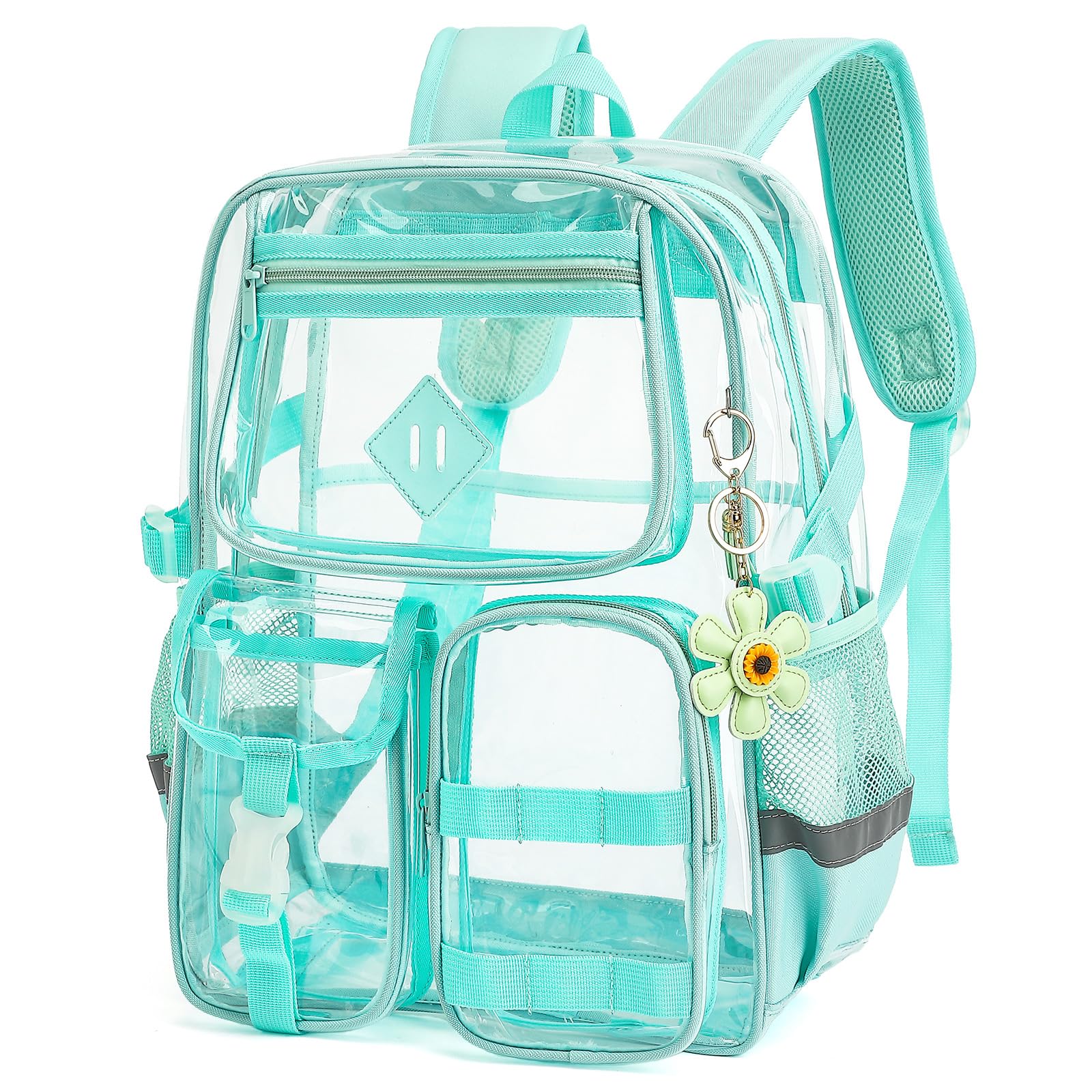 Xunteny Clear Backpack for School, Heavy Duty Transparent Bookbag for Girls Women with Sunflower Keychain