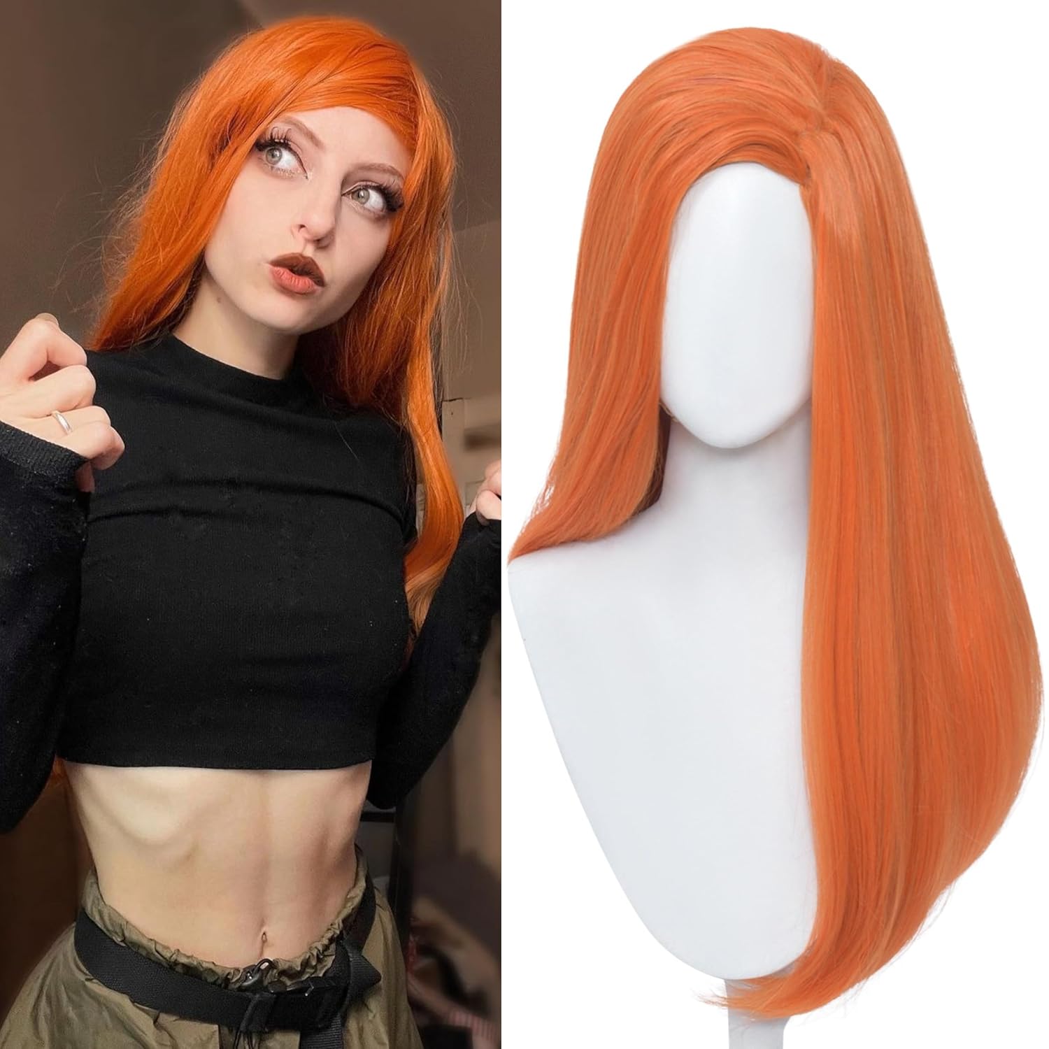 Long Straight Anime Orange Wig Ginger Side Part Fire Wig 23.6'' Synthetic Hair for Women Daily Halloween Costumes Party
