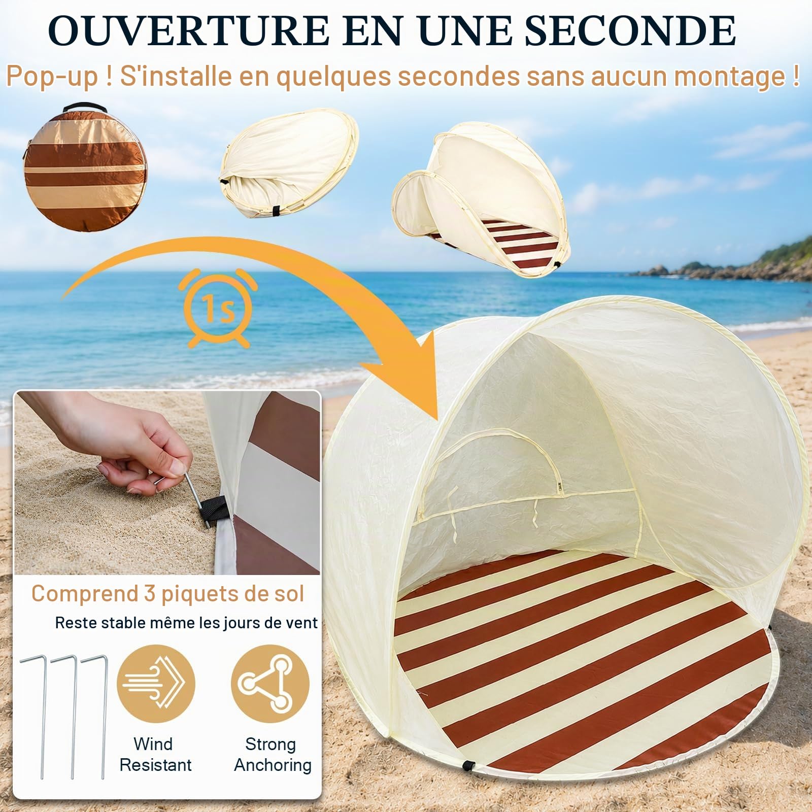 Tente de Plage Pop-up – Grande et Portable pour 2-3 Personnes, Montage Auto, Protection Solaire & étanche, Respirante, INCL. Sac et piquets – Plage, Camping, randonnées