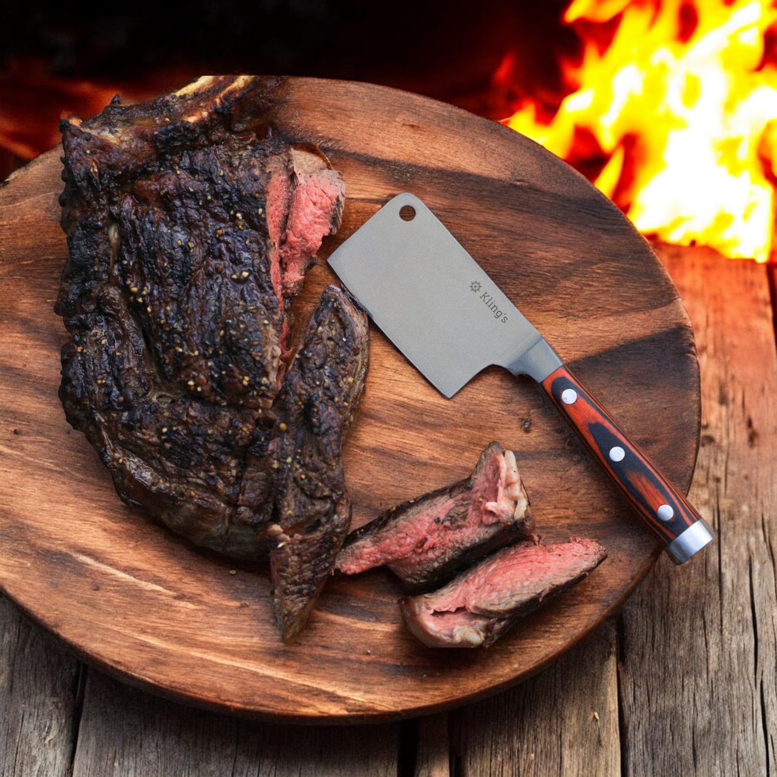 Kling's I Steakbesteck Set - Premium Grillbesteck Set, 2 Steakmesser Beil, Käsemesser, Steakmesser Set mit Holzgriff aus Pakkaholz, Glatt Geschliffene Klinge aus deutschem Messerstahl