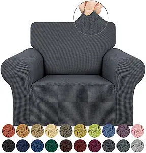 KEKUOU Stretch Single Sofa Slipcover 1 Piece Couch Sofa Cover (31"-55") Furniture Protector 1 Seater Sofa with Elastic Bottom for Kids,Pet.Jacquard Small Checked Pattern Fabric(Small,Charcoal)