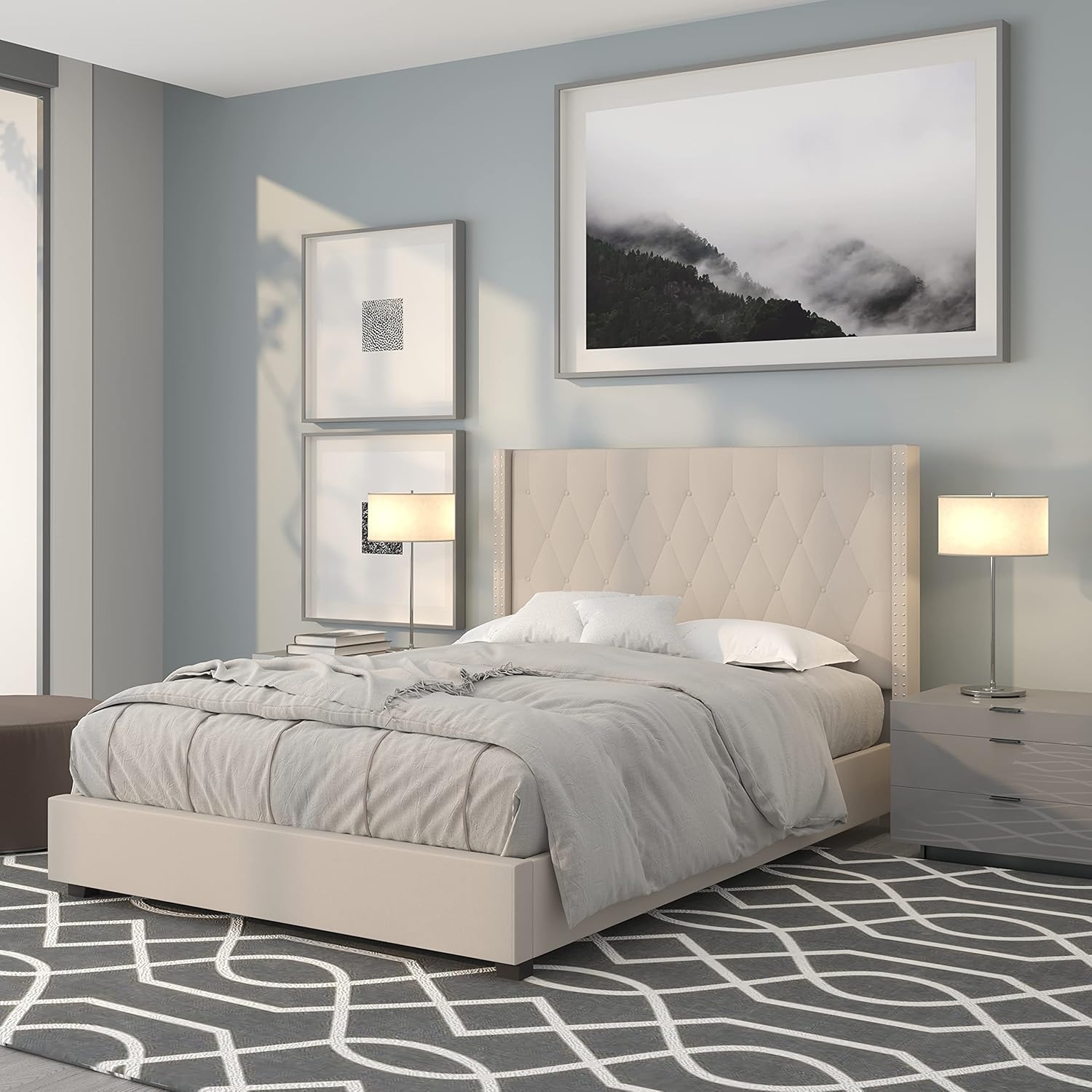 Flash Furniture Riverdale Full Size Tufted Upholstered Platform Bed in Beige Fabric