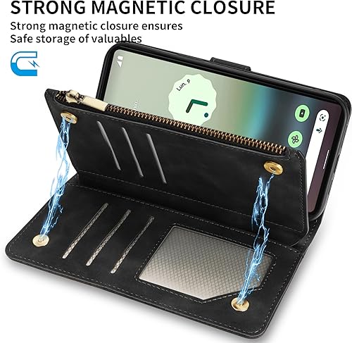 Miniatura 4 de ZZXX Funda para Google Pixel 6A con ranura para tarjetas de bloqueo RFID, piel sintética suave de alta calidad, con cremallera, con correa para la