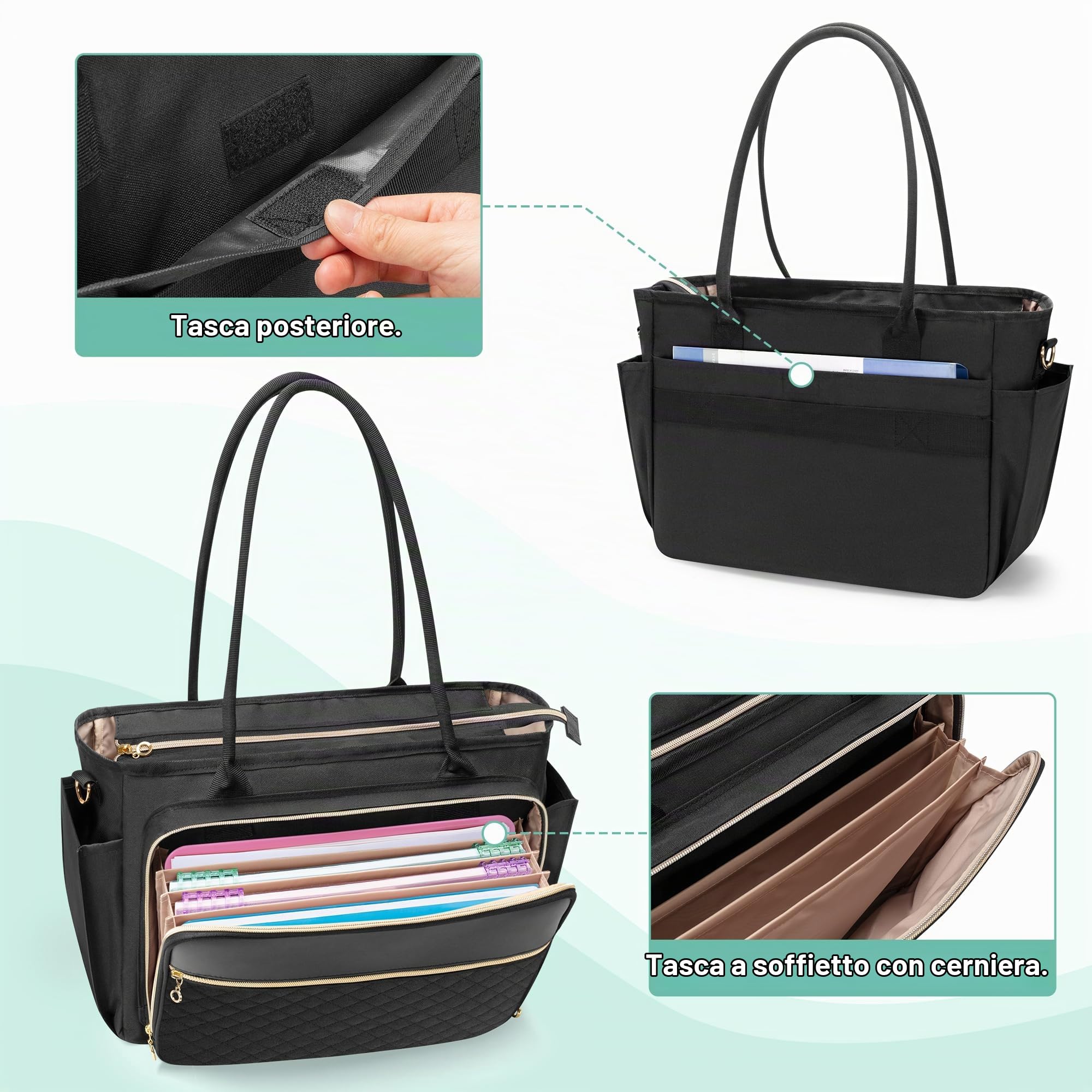 Luxja Borsa per Insegnante con Tasca Portadocumenti a Fisarmonica | Borsa Tote per Insegnante per Donne con Scomparto per Laptop da 15,6 Pollici