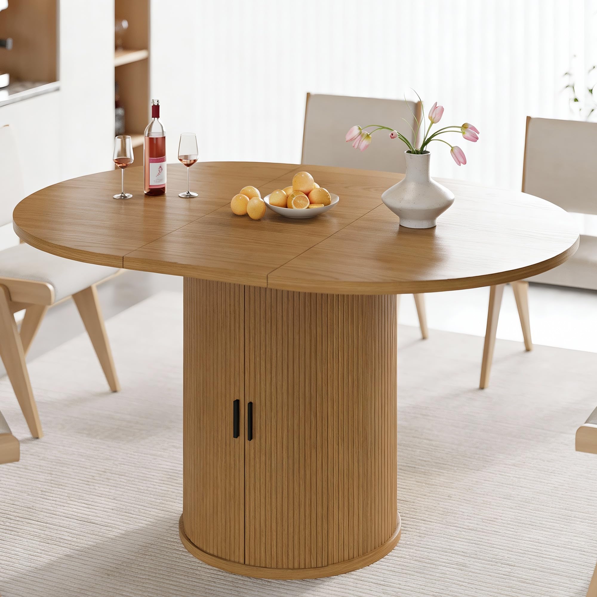 Vipbear Extendable Dining Table 43-59" for 4-6 People, Solid Wood Top with Fluted Slide Door & 8-Compartment Storage, Space Saving Round Dining Room