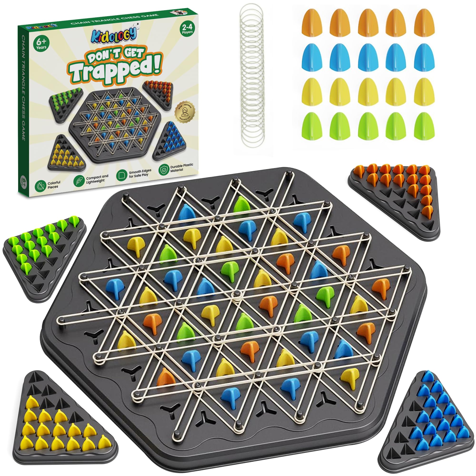 Kidology Chain Triangle Chess Game – Triggle Rubber Band Game for Kids & Adults, Fun Family Board Game, Brain Teaser Puzzle, Interactive Chess Set for 2-4 Players-image-28