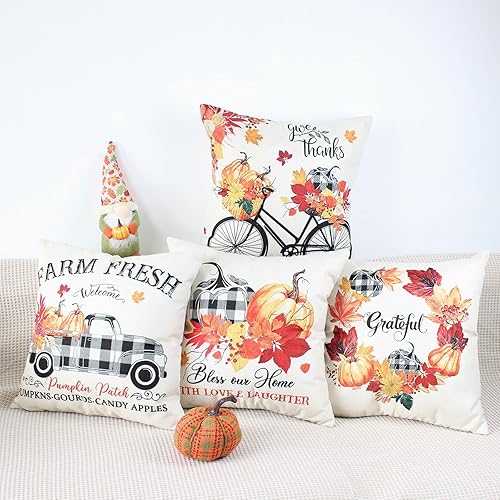 Miniatura 2 de Juego de 4 fundas de almohada otoñales de 18 x 18 pulgadas, fundas de almohada de lino rústico de otoño para sofá, casa de campo, Acción de Gracias,