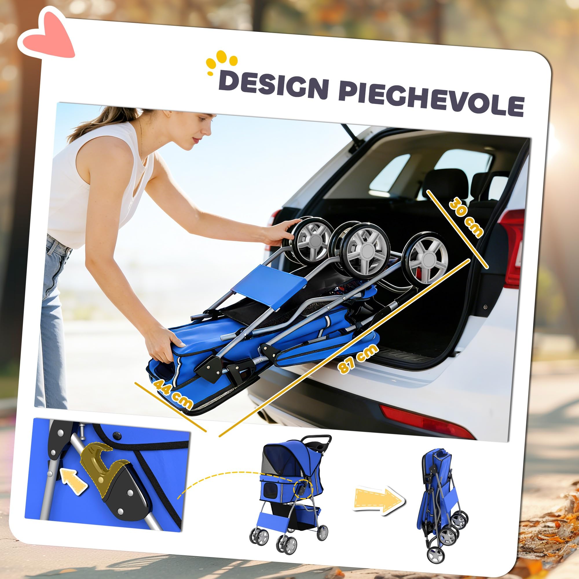 PawHut Passeggino per Cani Pieghevole, Carrozzina per Animali con Copertura Antipioggia, Catarifrangenti, Ruote Girevoli a 360°, Freni e Cuscino Lavabile, Blu