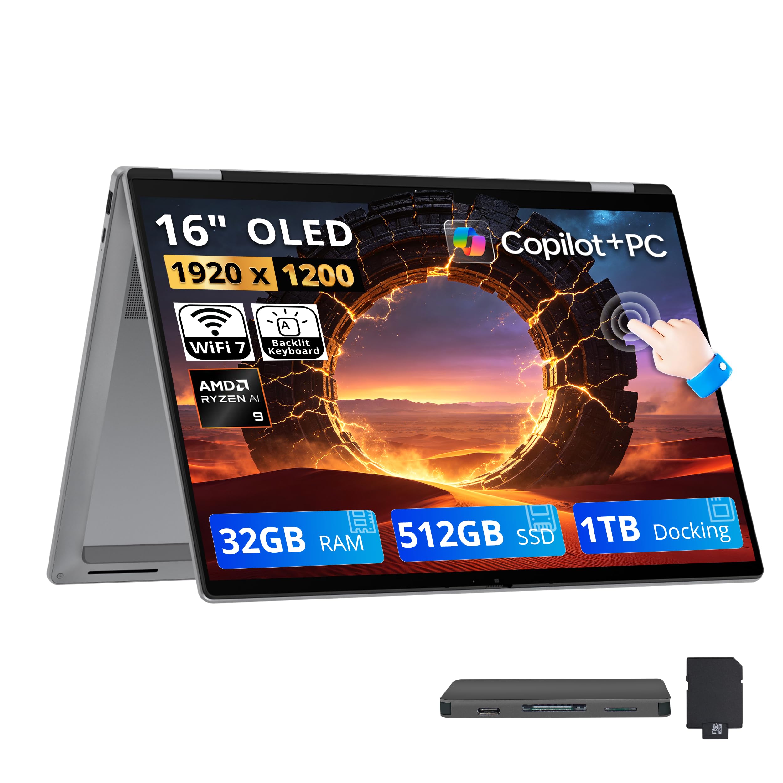HP OmniBook X Flip 2-in-1 16" FHD+ OLED Touchscreen Laptop, AMD Ryzen AI 9 465, 32GB LPDDR5X, 1.5TB Storage (512GB SSD+1TB Docking Station), Copilot+ PC, Backlit Keyboard, Wi-Fi 7, Win 11, Silver