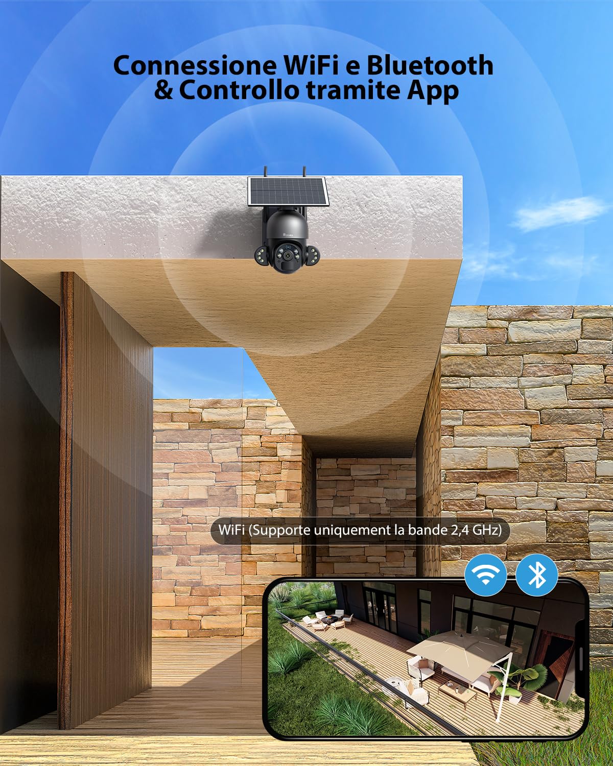 Ctronics Telecamera WiFi Esterno Senza Fili con Pannello Solare da 6W | 3K 5MP HD, Telecamera wifi con Rilevamento PIR & Umano, Visione Notturna a Colori, FTP, Compatibile con PC/Smartphone
