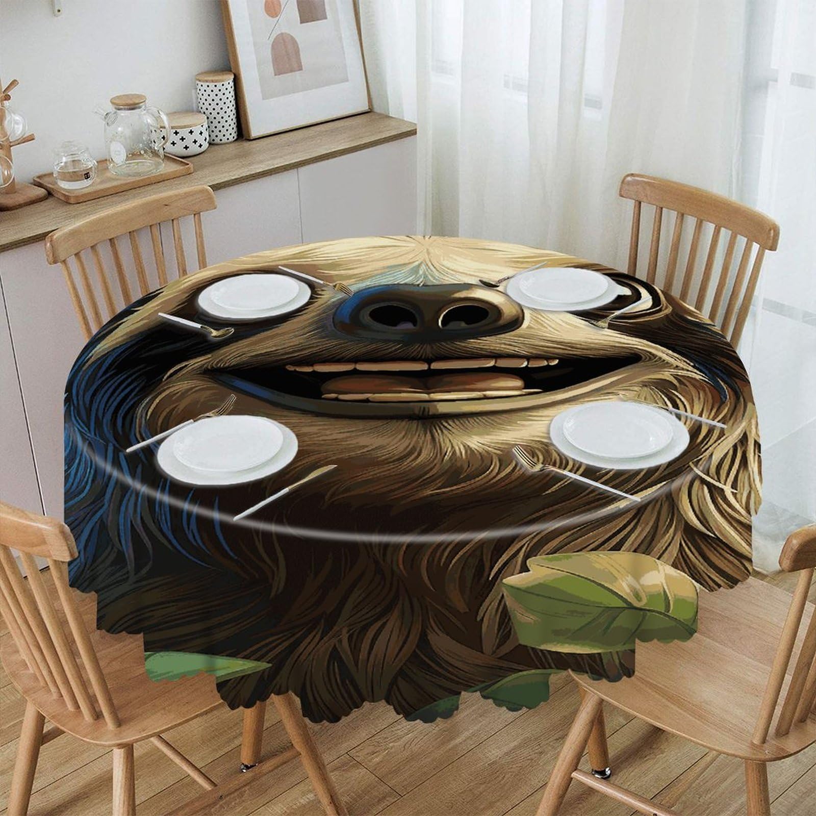FekiLoot Cartoon Funny Sloth Round Tablecloth Waterproof Spill-Proof Wipeable Table Cloth Wrinkle Free Circle Dining Table Cover for Dining Kitchen Wedding Parties Machine Washable