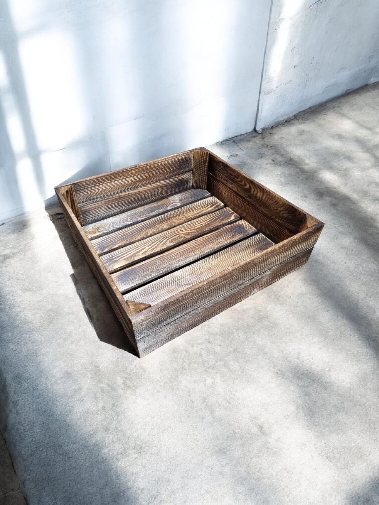 Rustic Burnt Wood Crate, Square Shallow Wooden Storage Box, 50x50x15cm