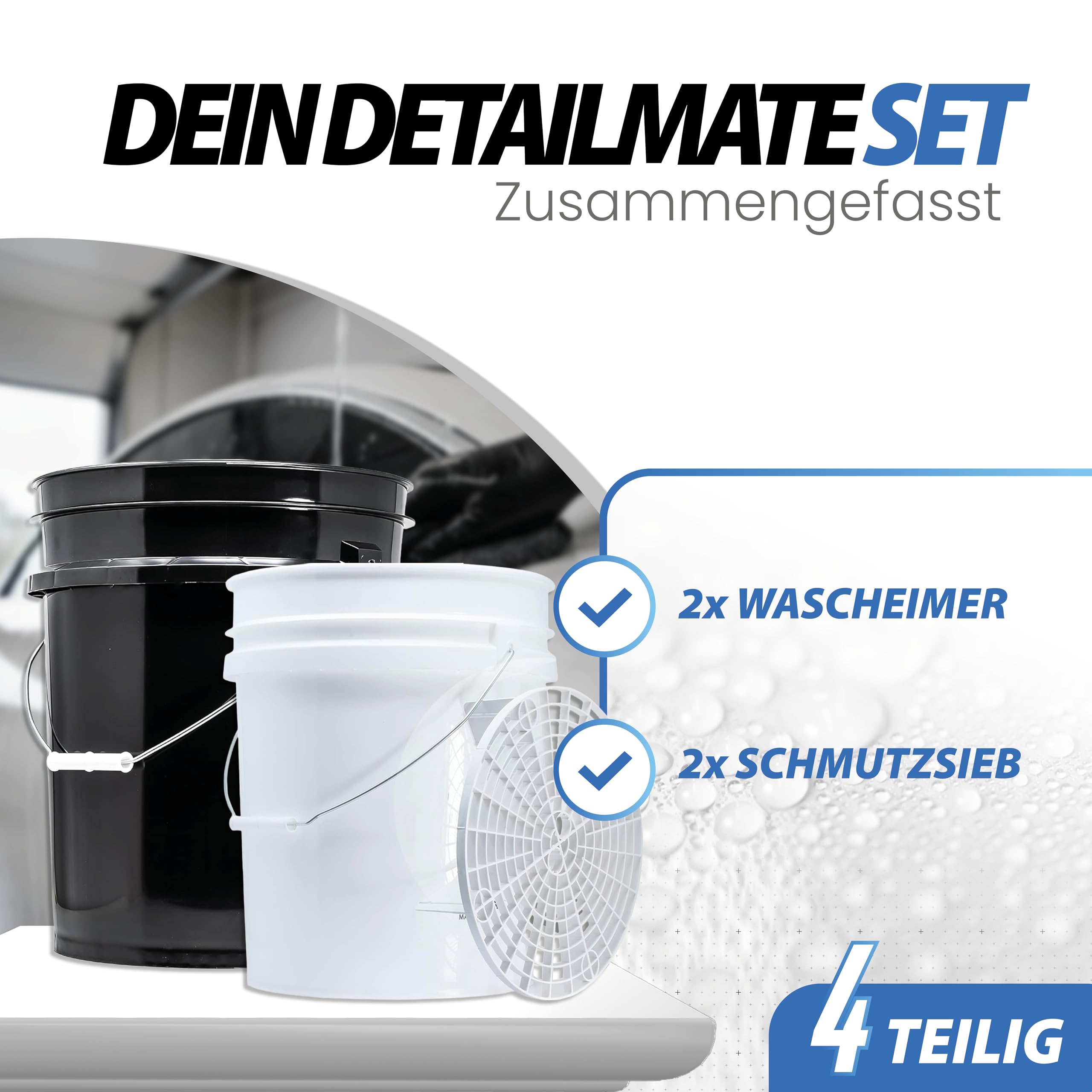 detailmate Black & White Set | 2 secchi per lavaggio Magic Bucket 20 litri/5GAL + 2 filtri per secchiello nero & bianco | accessori per il lavaggio professionale auto | lavaggio auto moto