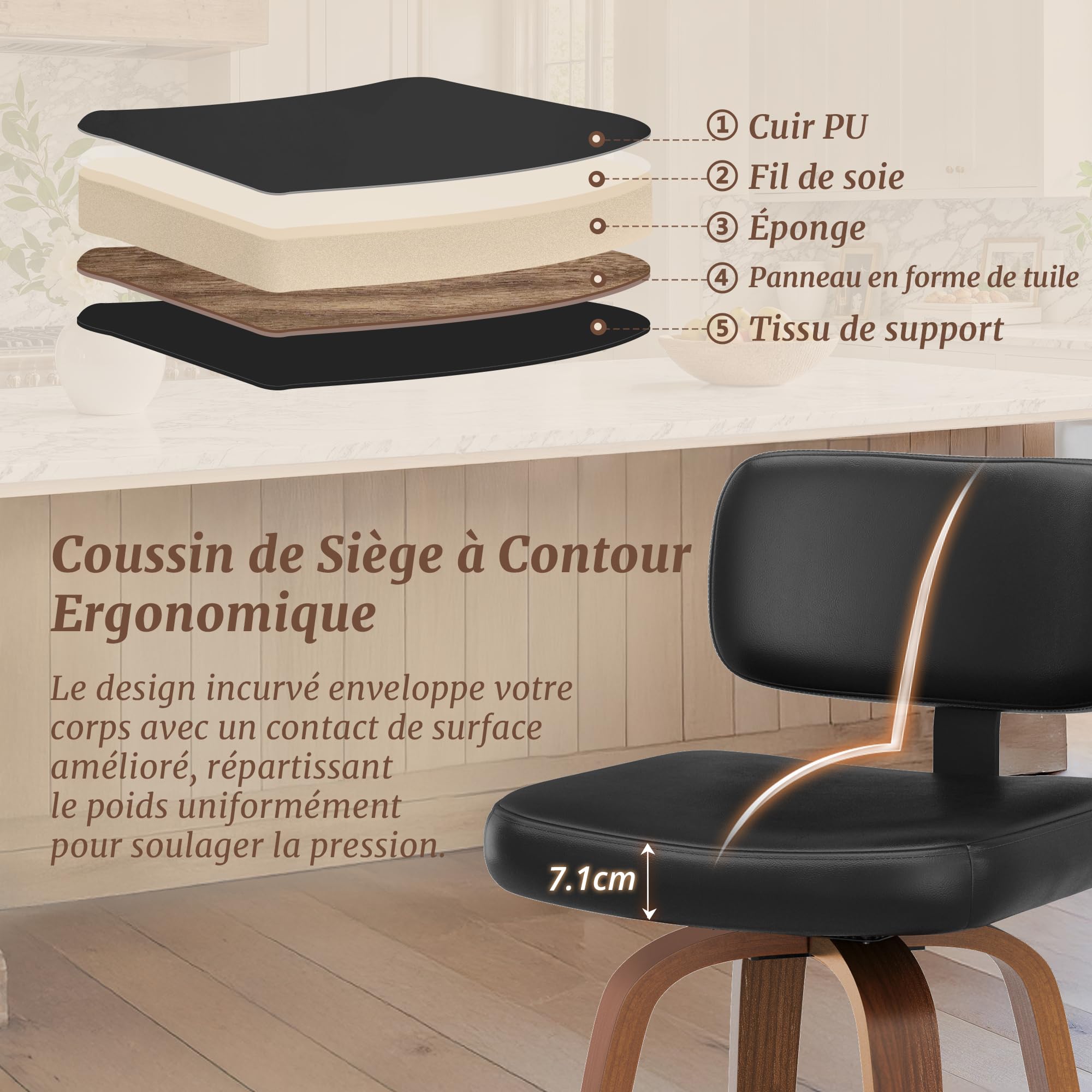 LUE BONA Tabouret Bar Rotatif sur 360°,Tabourets de Bar Lot de 2,Chaises de Bar avec Matelassé Simili Cuir,Hauteur 67 cm,Tabouret Bar Bois avec Dossier et Repose-Pieds,pour Cuisine,Bar,Noir