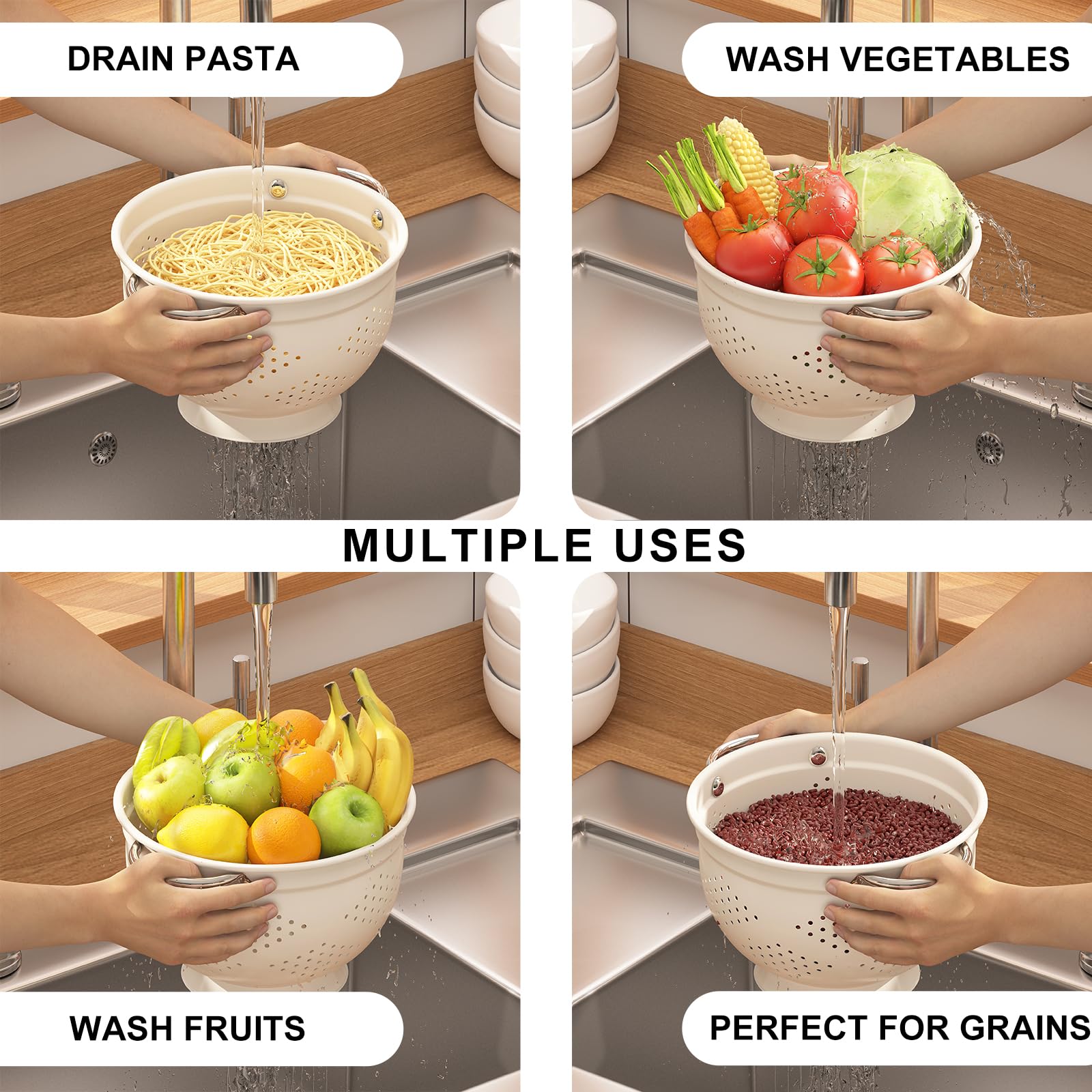 Juego de 2 coladores de metal, cesta coladora con asas de 2 y 3.5 cuartos de galón, perfecto para pasta, verduras, bayas, verduras, frutas, base sólida con recubrimiento en polvo, juego de coladores