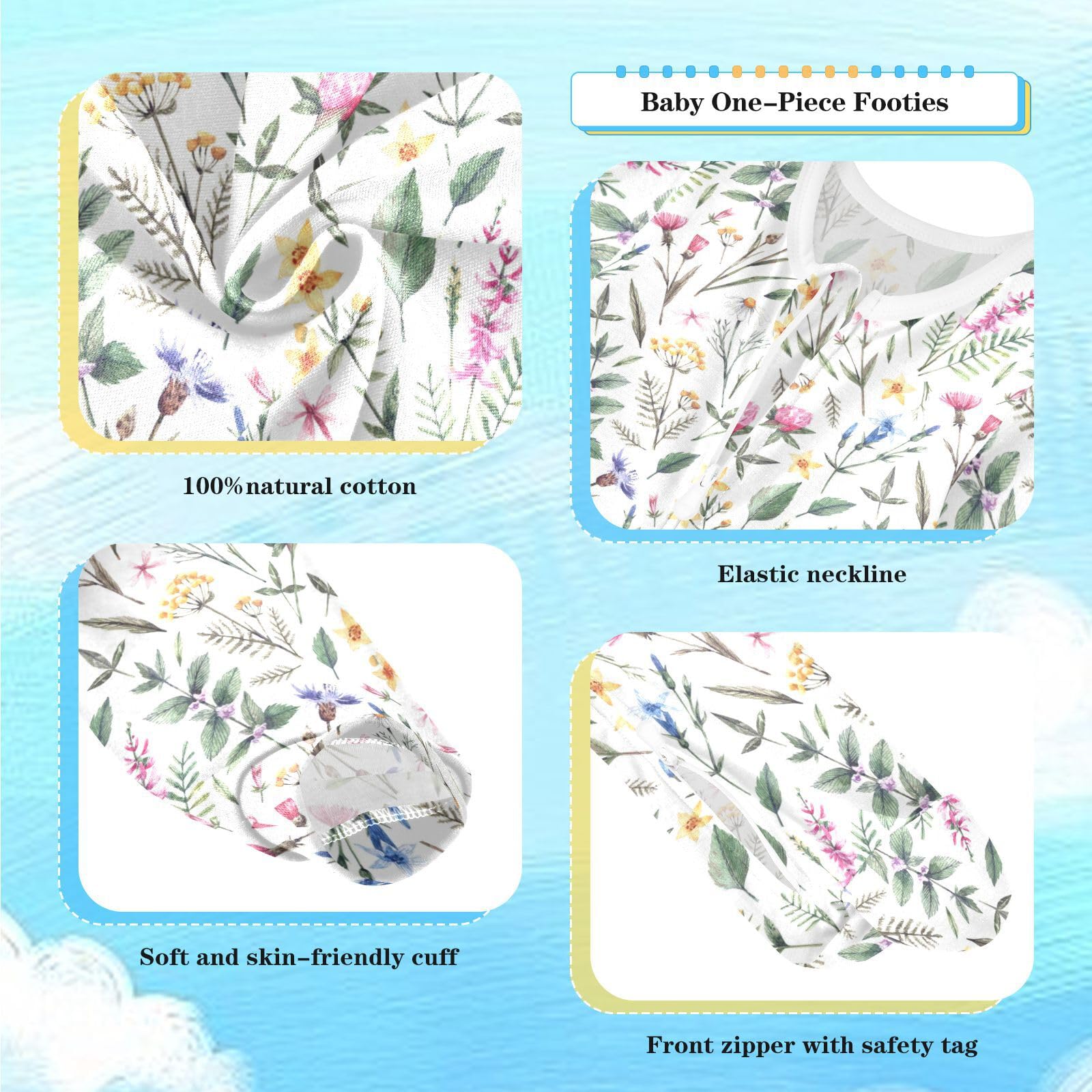 Dussdil Botanical Wild Flowers Baby One-Piece Footies Newborn Rompers Pajamas Cotton Footed Pjs for Sleep Play Boys Girls 24M