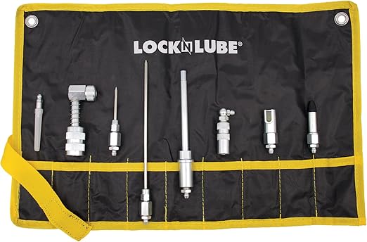 LockNLube 8-Piece Quick Connect Greasing Accessory Kit. Complete grease fitting connection kit. Reach any grease fitting on any machine. The rip-stop case keeps tools clean and portable.