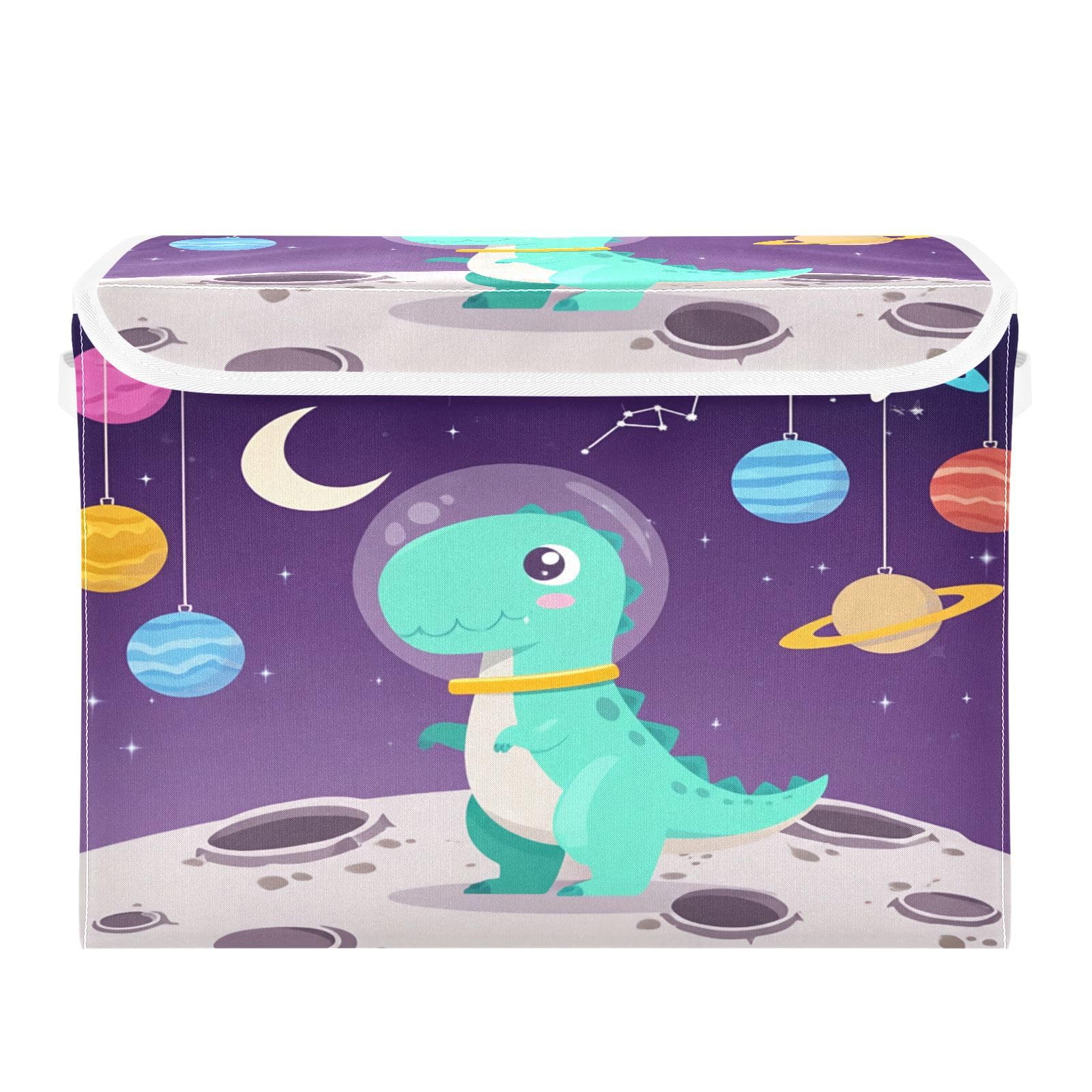 Ewusp Dinosaurs Fabric Storage Bin with Lid, Decorative Foldable Storage Basket with Handles, Stackable Closet Shelf Organiser Box for Clothes, Books, Bedroom, Living Room