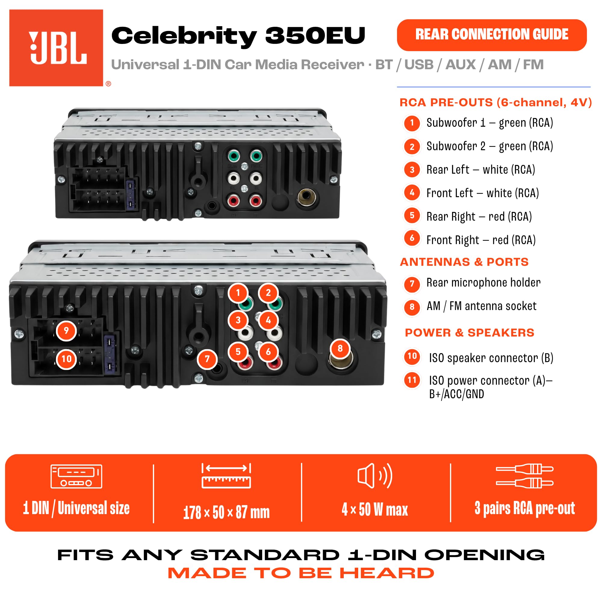 JBL Celebrity 350 Autoradio 1 DIN Bluetooth USB AUX AM FM RDS per Auto | Potenza max 4x50W, Bluetooth 6.0, sintonizzatore AM FM RDS, uscita RCA 6 canali 4V, 20Hz-20kHz, misure 178x50x87mm, microfono