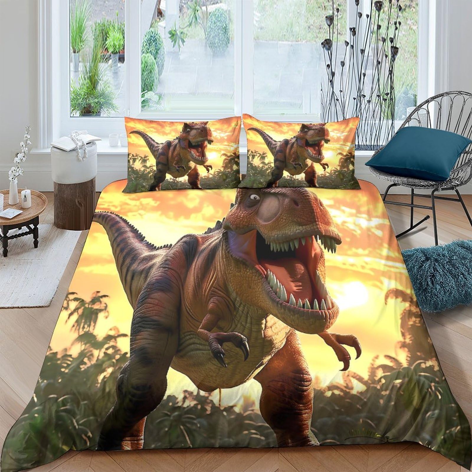 Ctjqhvkz Style-2 3D Printed Dinosaur Sunset Fitted Sheet Microfiber Soft Breathable Jungle Bed Cover For Bedroom Dorm Mattress Protection Single（135X200cm）