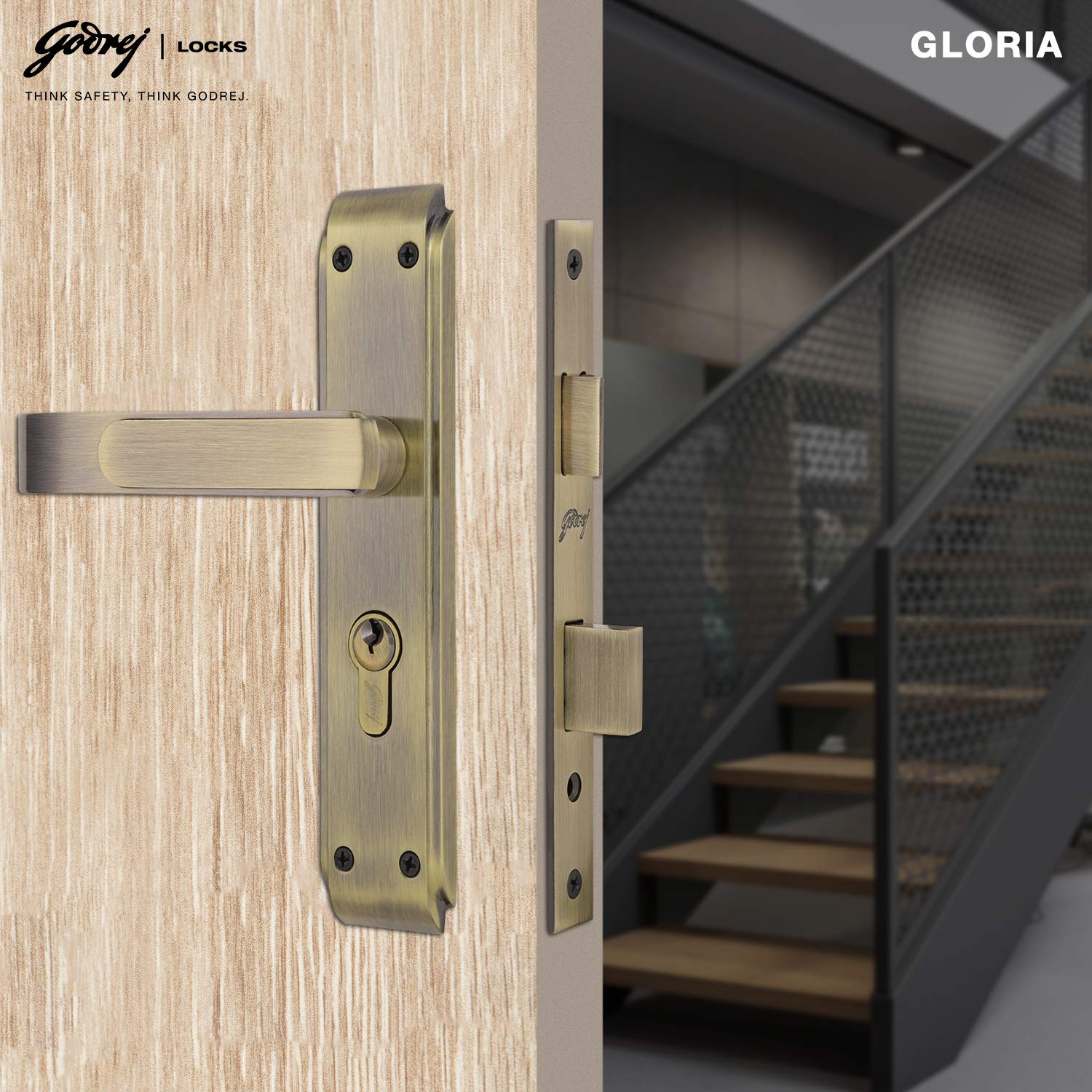 Godrej Locking Solutions and Systems Gloria Antique Brass Door Handle with Lock Set 2C for Home and Office Entrance Door (200 mm, Gold) 1