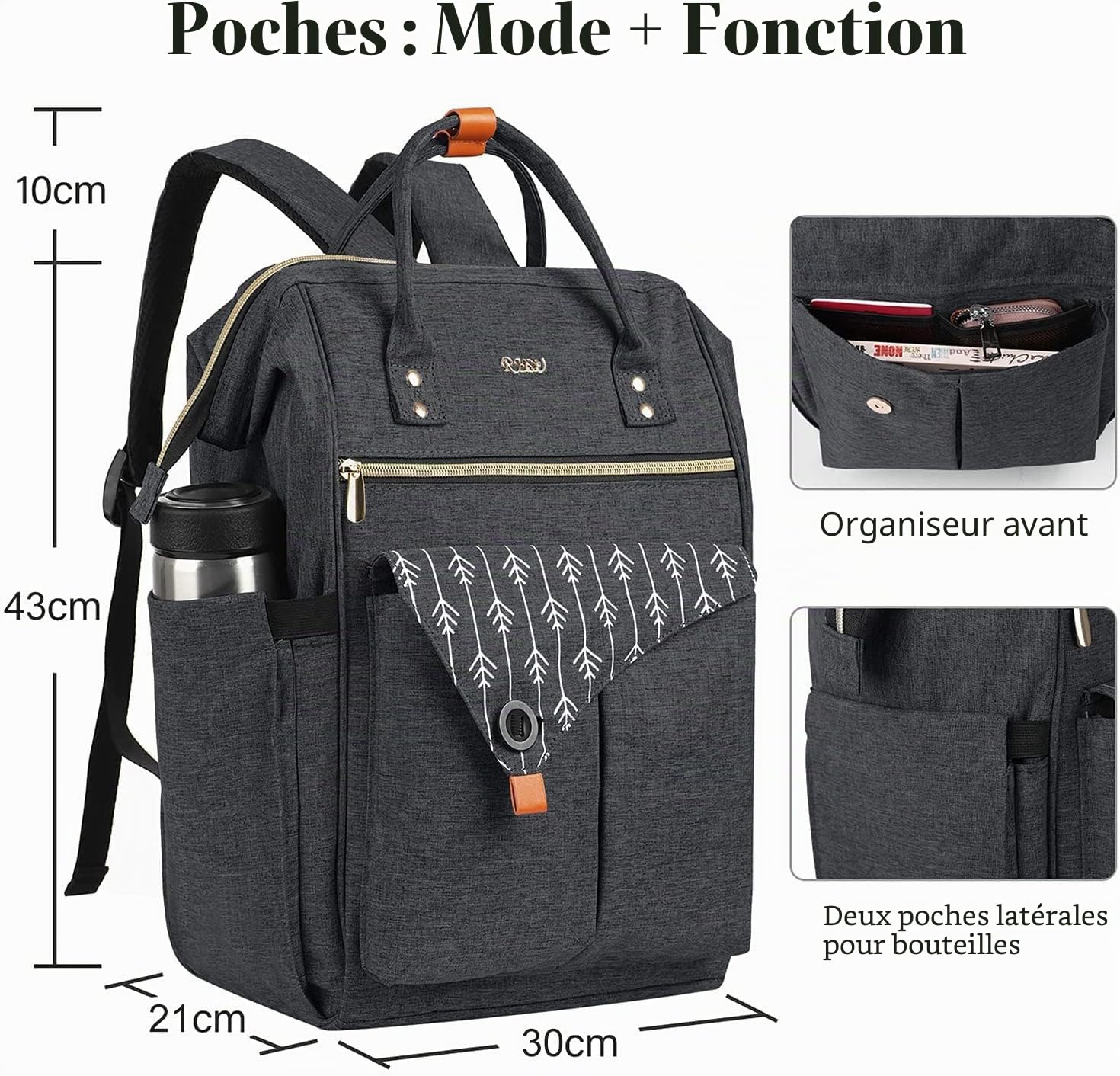 Sac à Dos Femme, Sac à Dos Ordinateur Portable, avec USB Charging Port Sac a Dos PC Portable pour Loisir, Scolaire, Affaire Noir