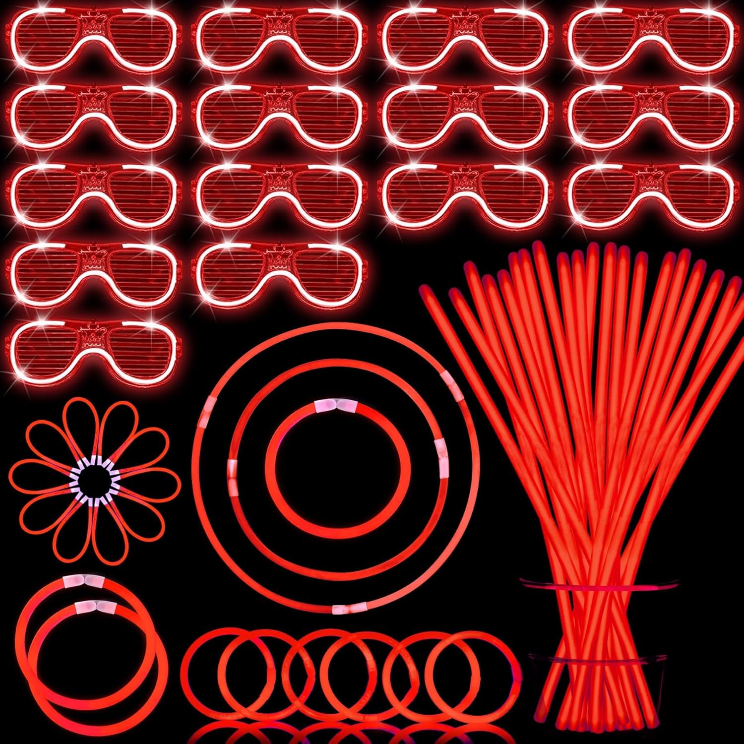 115 PCS Glow in the Dark Party Supplies,100PCS 8" Glow Sticks Bulk,15PCS Glasses,Glowing Party Favors for 4th of July