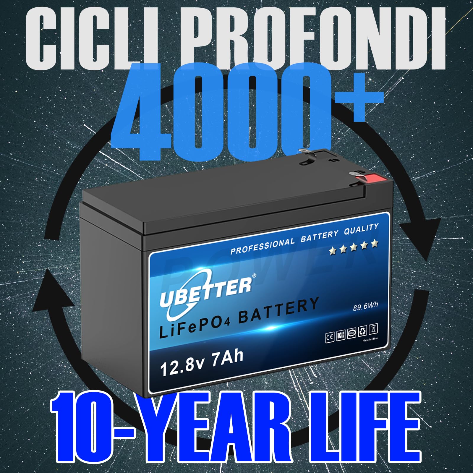 UBETTER 12V 7AH LiFePO4 Batteria litio Ricaricabile da 12V 7Ah con 7A BMS Batteria al litio a Ciclo Profondo Perfetta per Sistemi di Energia Solare, Monopattini per Bambini, Fish Finder