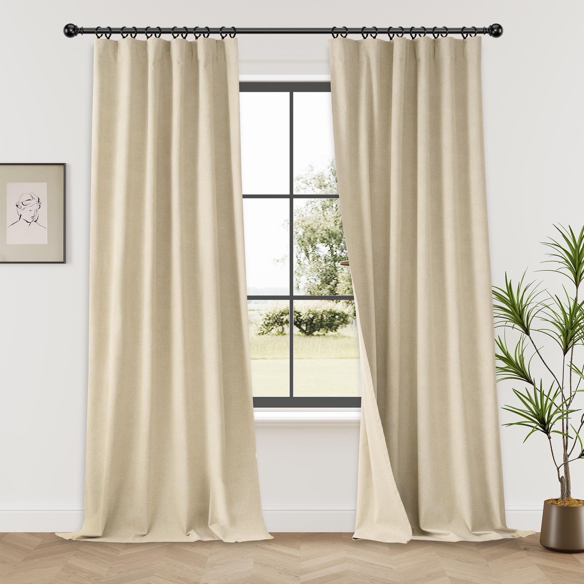 KangBang Extra Wide Blackout Curtains for Sliding Doors, Farmhouse Latte Beige Linen Curtains for Sliding Glass Door, Back Tab/Rod Pocket/Hook Belt 60