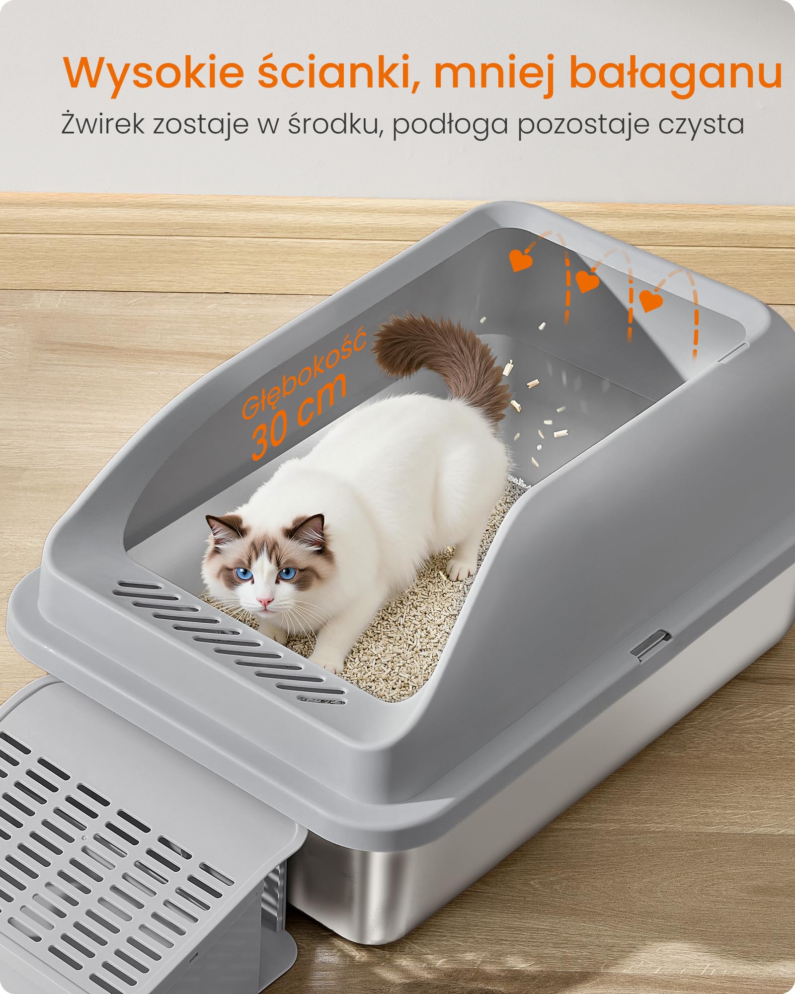 Feandrea Kuweta dla kota ze stali nierdzewnej, otwarta konstrukcja, z wysokimi bokami, stopniem, łopatką i szczotką, dla kotów do 15 kg, kolor szary łupkowy PPT008GN01