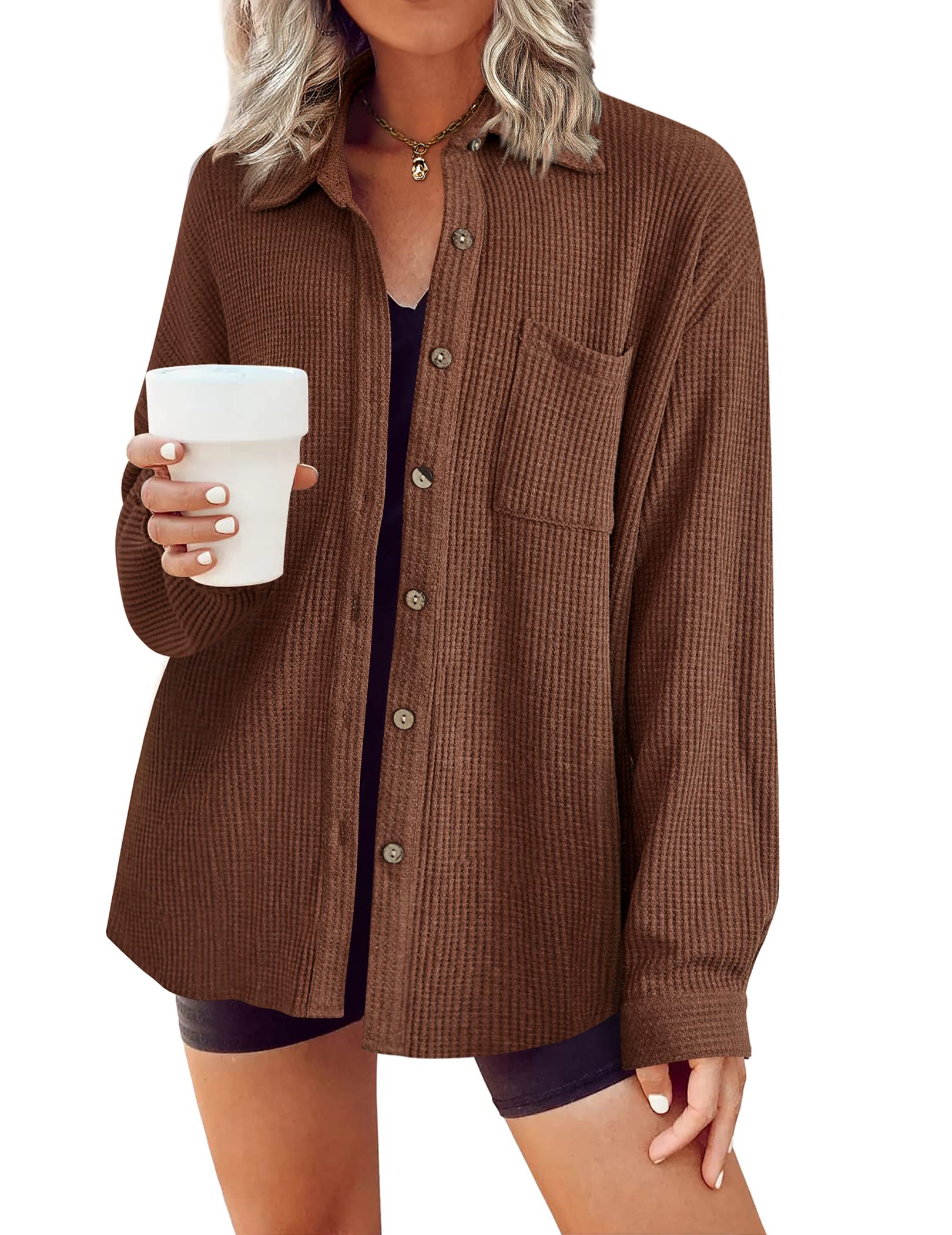 HOTOUCH Waffle Button Down Shirts for Women Dressy Casual Work Shacket V Neck Long Sleeve Lightweight Tops with Pocket