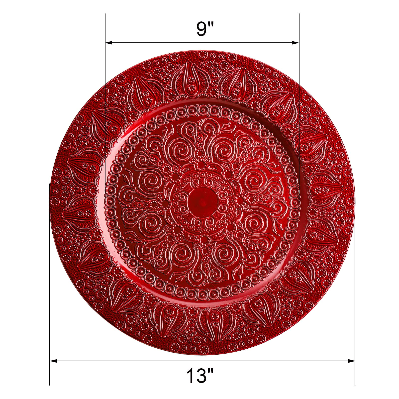 Hacaroa Set of 12 Plastic Round Charger Plates, 13 Inch Red Chargers for Dinner Plates, Decorative Antique Wedding Chargers for Table Setting, Holiday, Party, Catering Event, Embossed Patterns