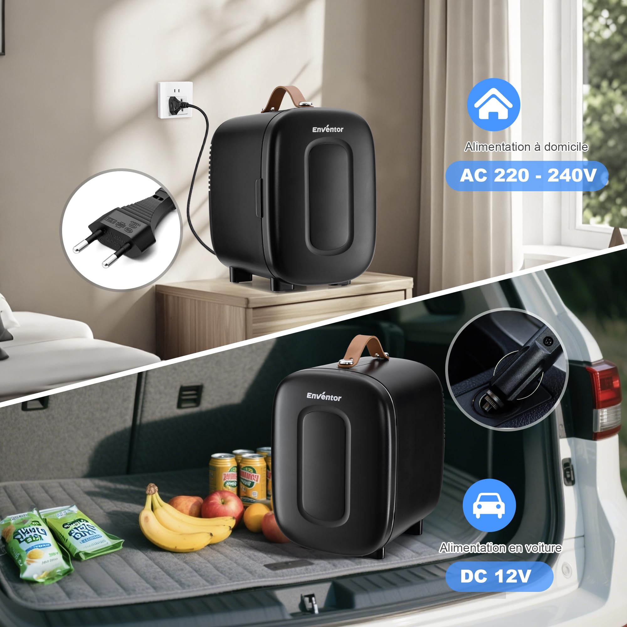 Enventor Mini Frigo 4 litres 6 canettes Alimentation CA 12V CC Glacière Réchaud Portable Noir