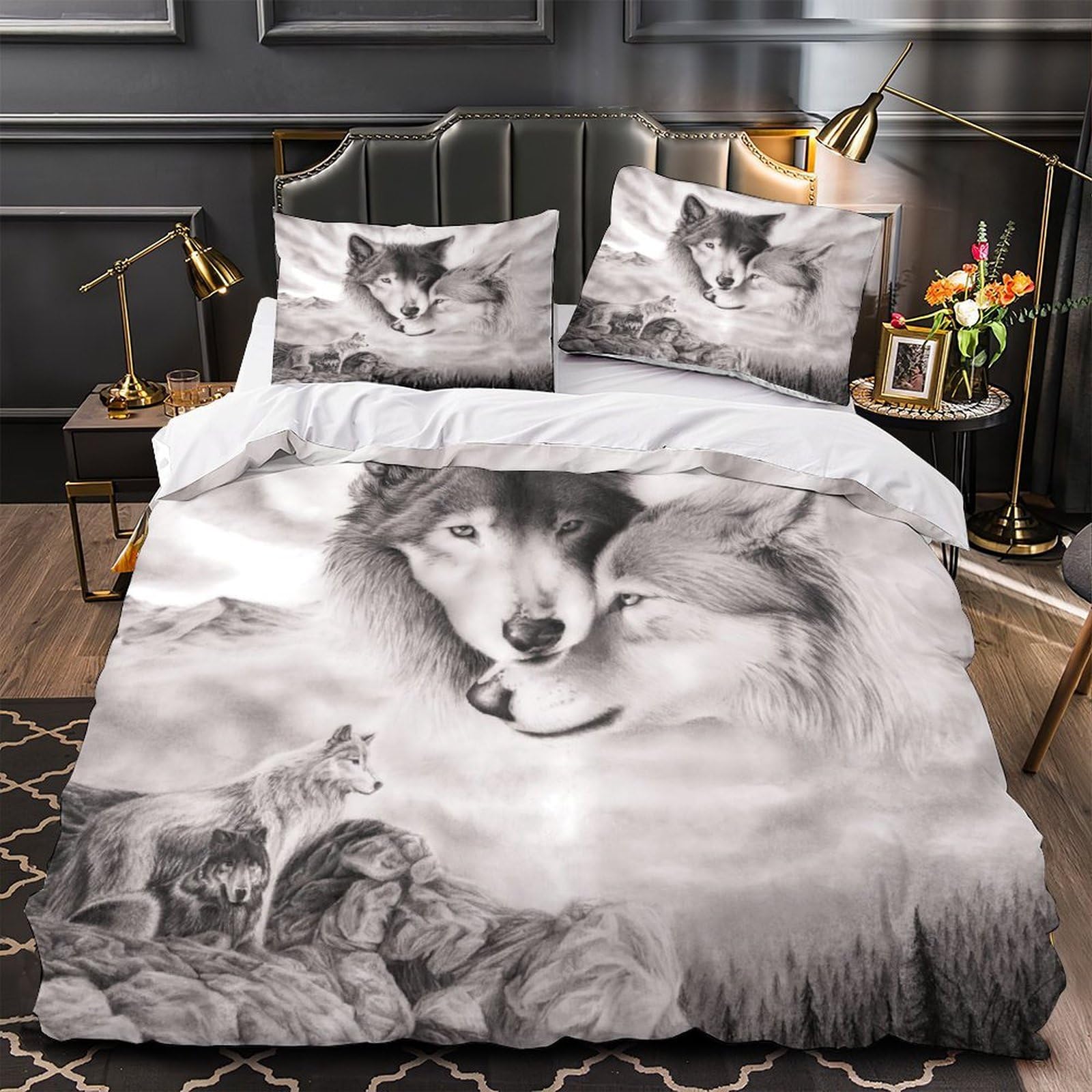 Housse de couette loup amoureux parure lit microfibre 140x200 léger