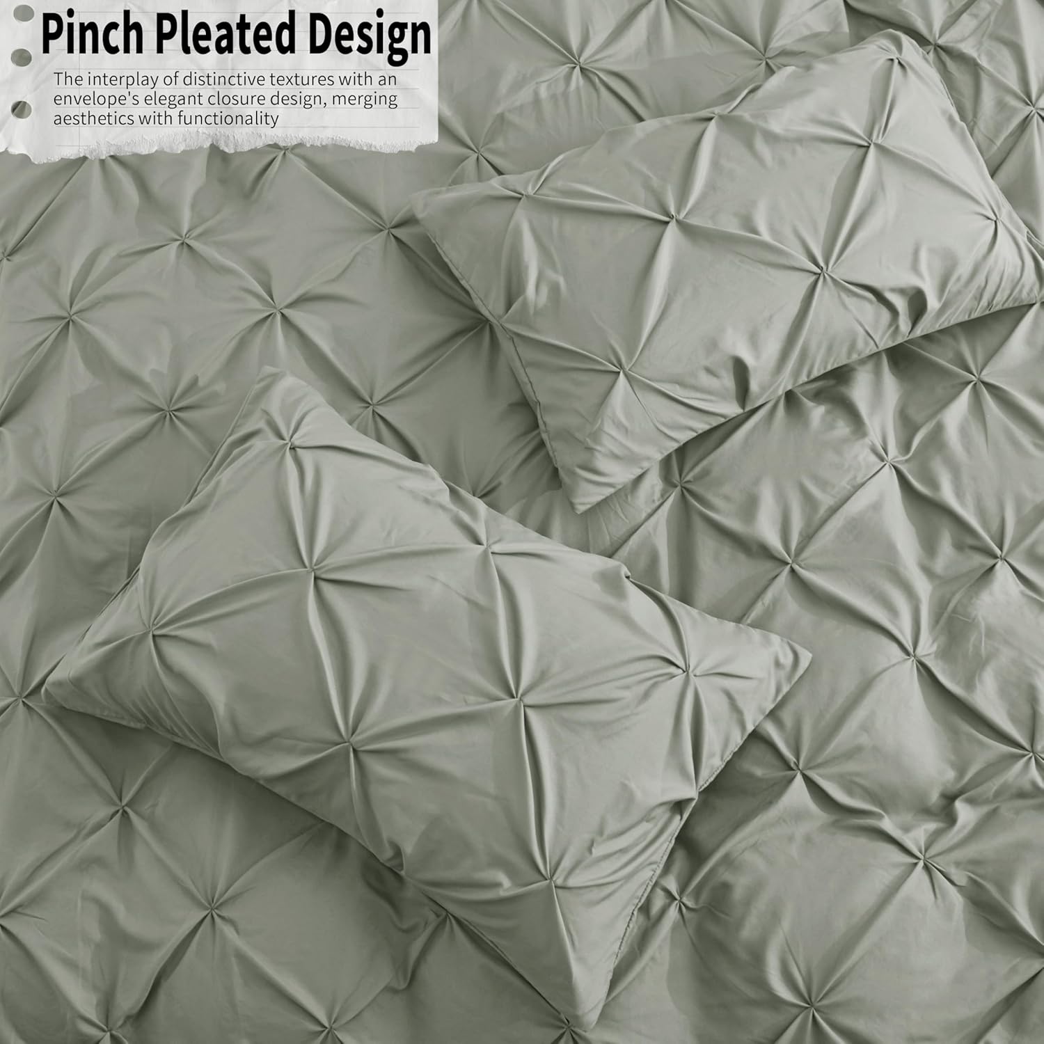VACVELT 5 Piece Pinch Pleated Duvet Cover Full/Queen Size Set, Light Gray Pintuck Duvet Cover with Zipper & 8 Ties, Shabby Chic Microfiber + 2 Pillow Shams + 2 Pillowcases, No Comforter