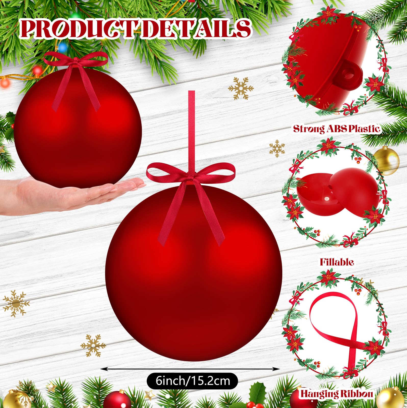 Weysat Lot de 12 boules de Noël surdimensionnées en plastique à suspendre pour extérieur, pelouse, cour, arbre de Noël - 15,2 cm